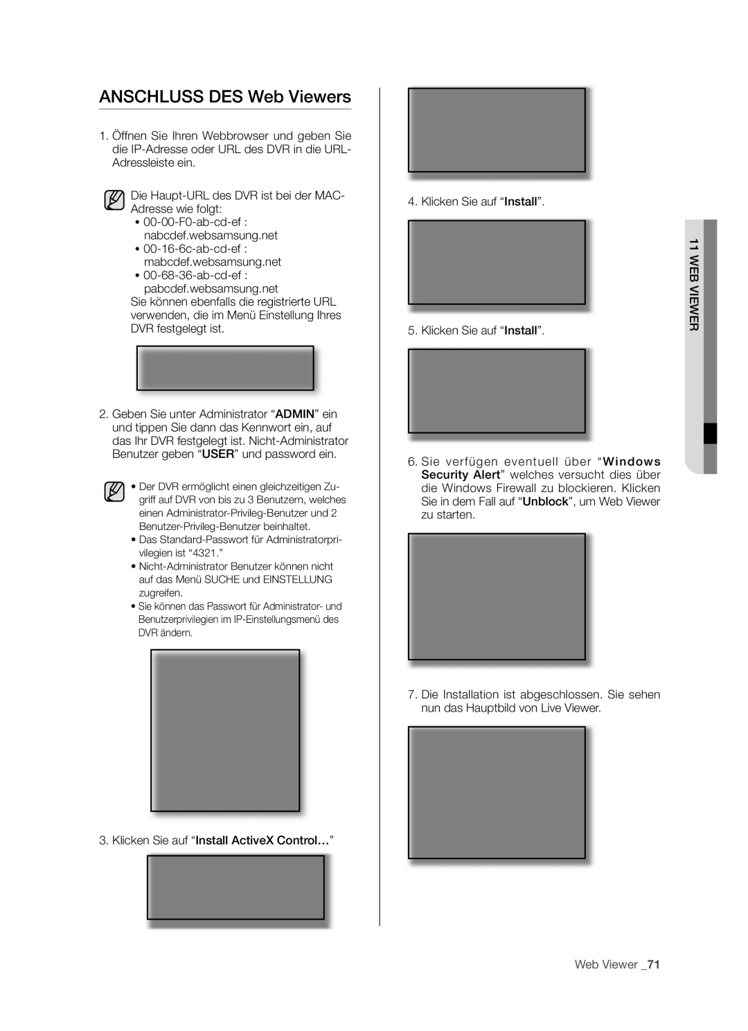 Samsung SHR-5080P, SHR-5082P/XEG, SHR-5160P, SHR-5162P/XEG manual Anschluss DES Web Viewers 