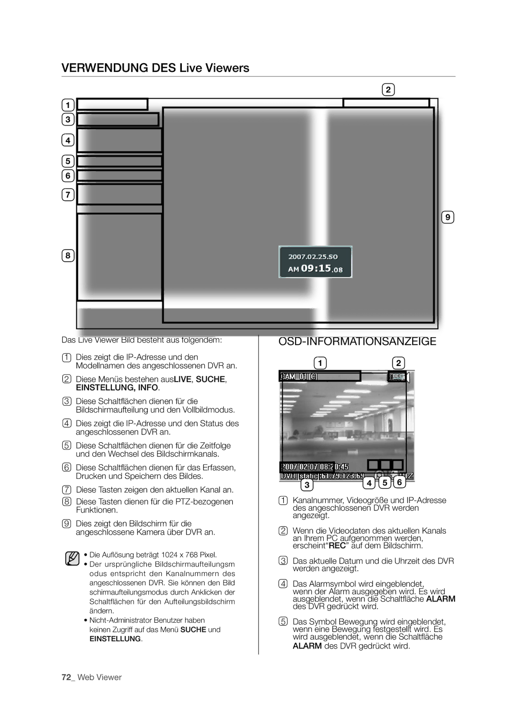 Samsung SHR-5082P/XEG, SHR-5160P, SHR-5162P/XEG, SHR-5080P manual Verwendung DES Live Viewers, Osd-Informationsanzeige 