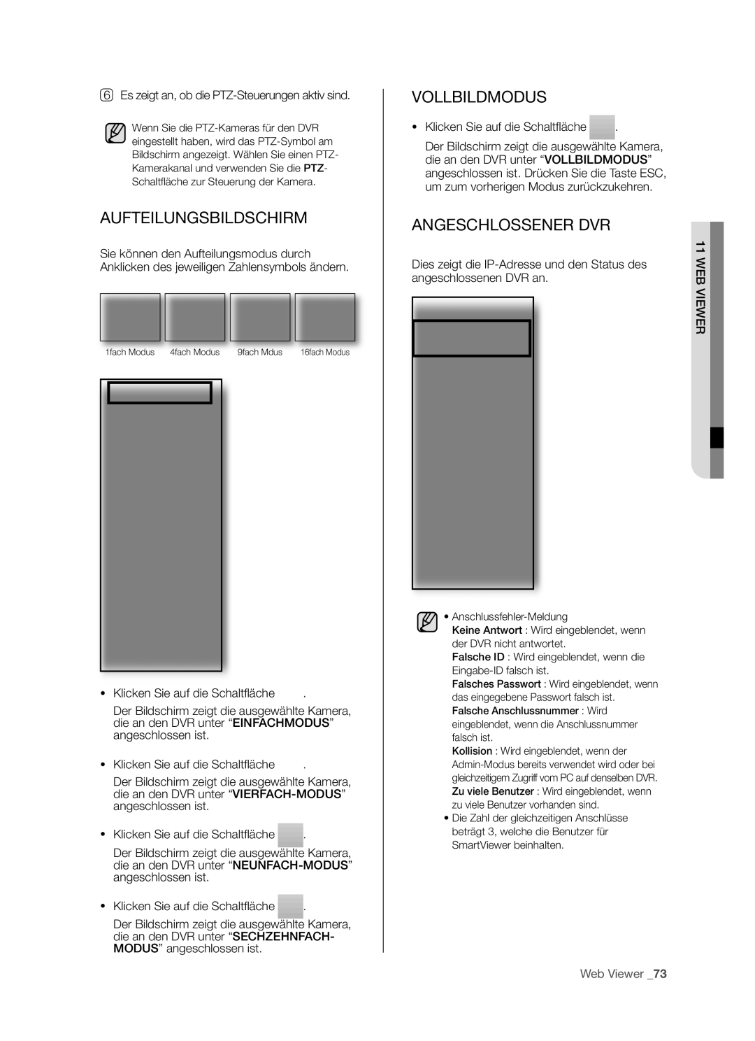 Samsung SHR-5082P/XEG, SHR-5160P, SHR-5162P/XEG, SHR-5080P manual Aufteilungsbildschirm, Vollbildmodus, Angeschlossener DVR 