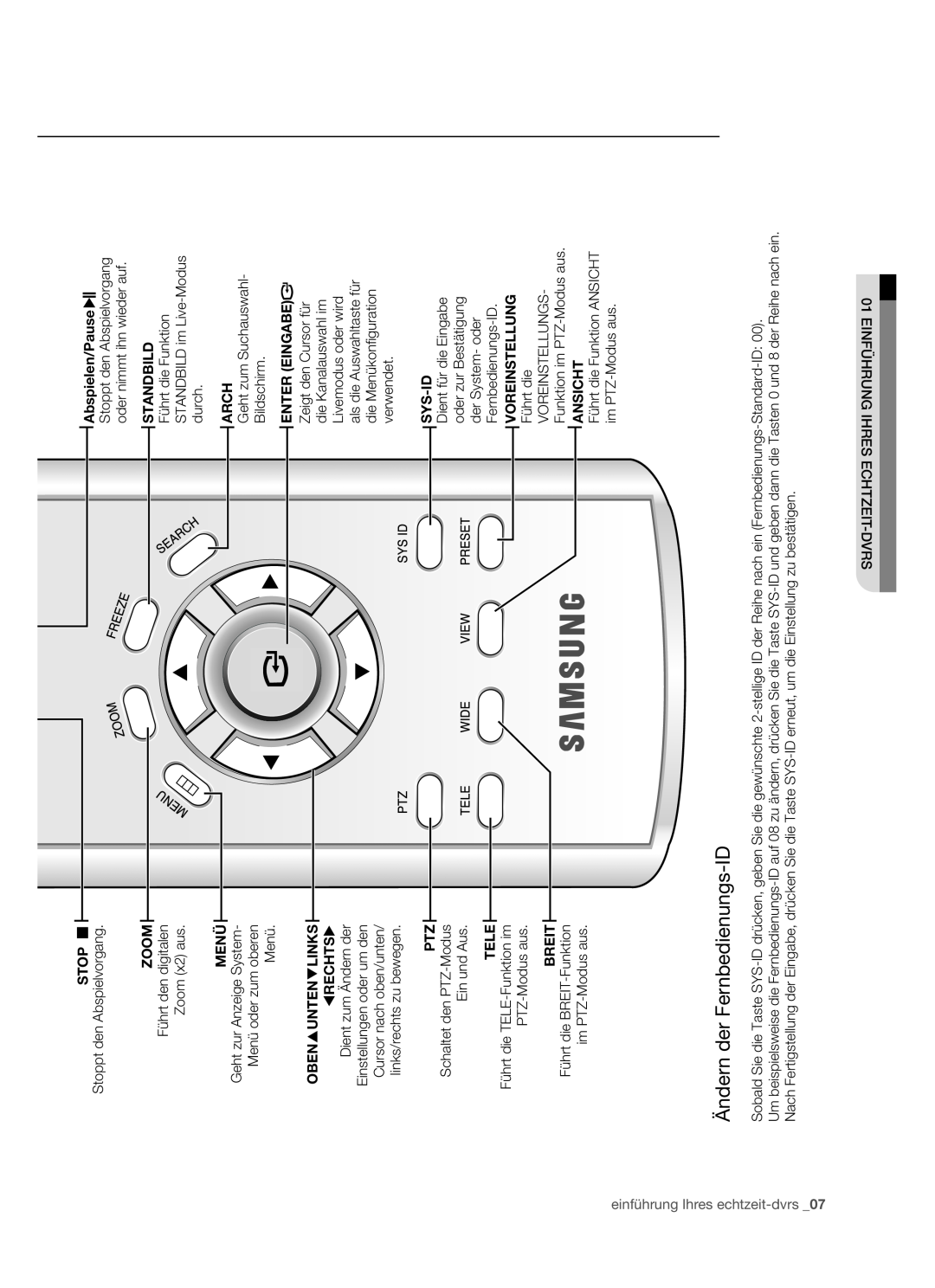 Samsung SHR-5082P Ändern der Fernbedienungs-ID, einführung Ihres, Stop, Zoom, Menü, Obenuntenlinks, Abspielen/Pause 