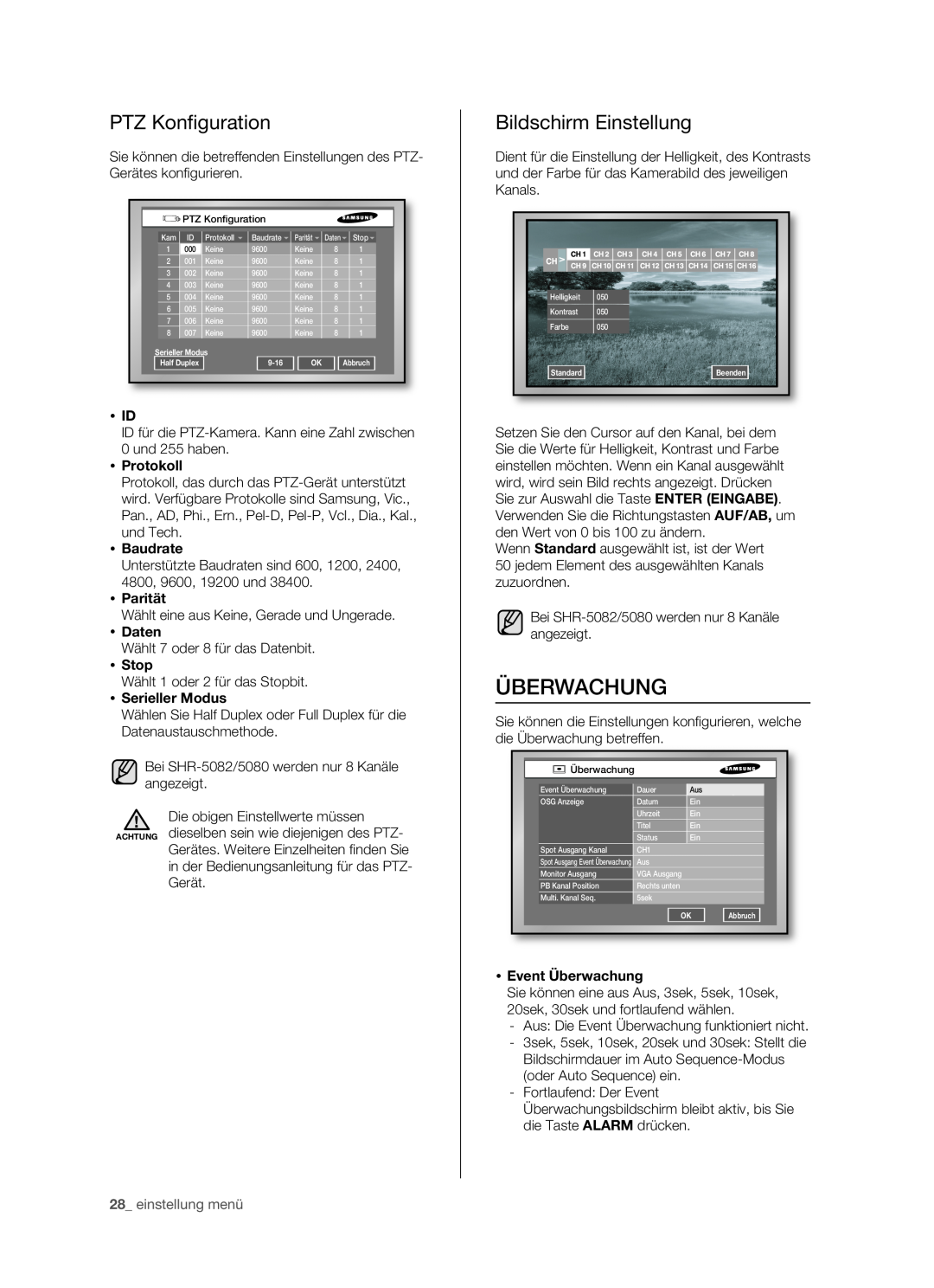 Samsung SHR-5162P/XEG Überwachung, PTZ Konﬁ guration, Bildschirm Einstellung,  Id,  Protokoll,  Baudrate,  Parität 