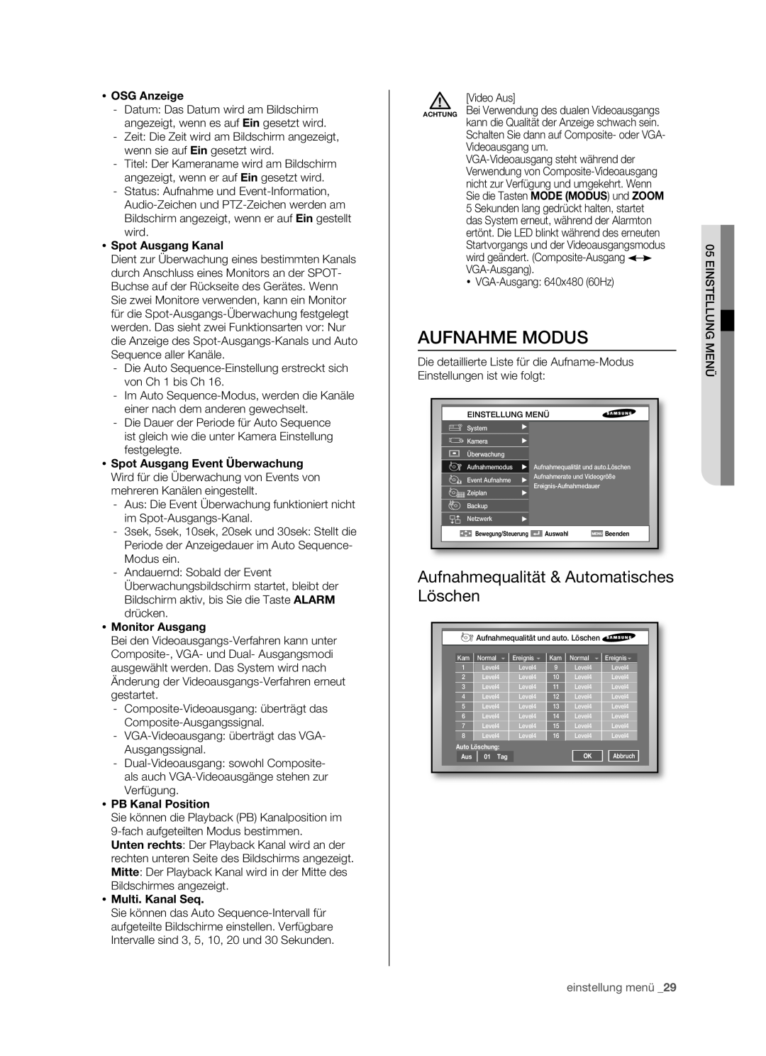 Samsung SHR-5080P manual Aufnahme Modus, Aufnahmequalität & Automatisches, Löschen,  OSG Anzeige,  Spot Ausgang Kanal 
