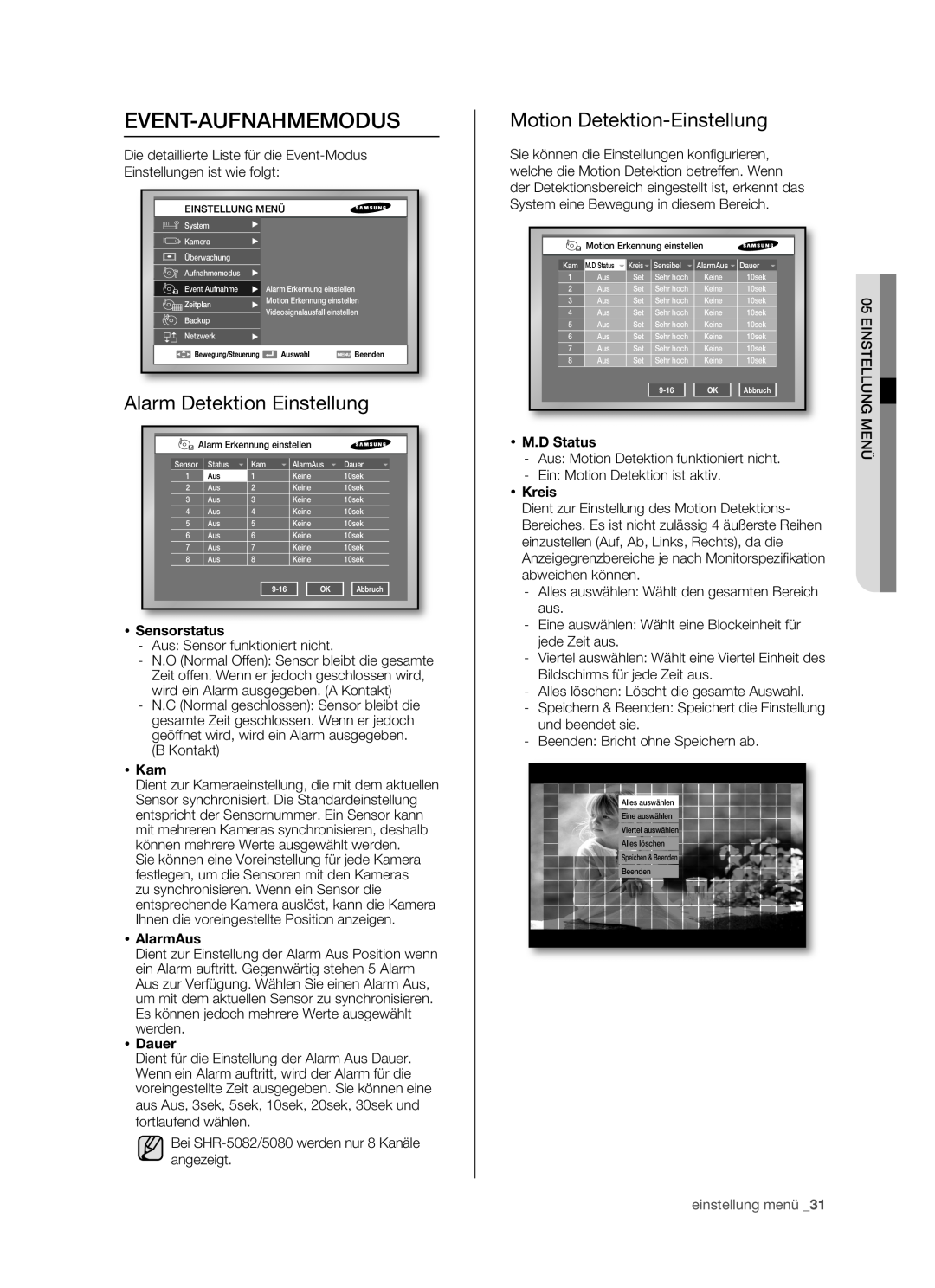 Samsung SHR-5082P Event-Aufnahmemodus, Alarm Detektion Einstellung, Motion Detektion-Einstellung,  Sensorstatus,  Kam 