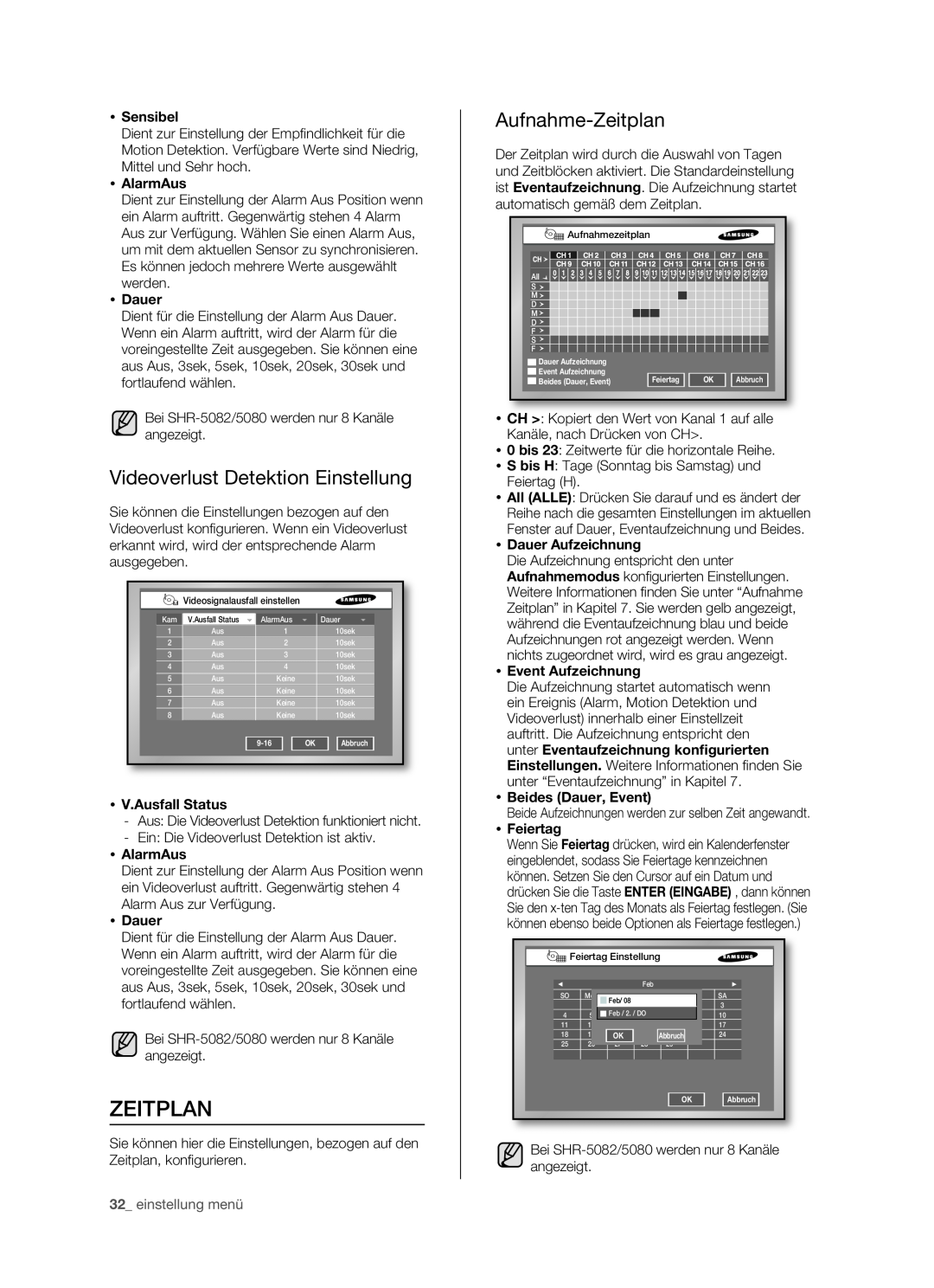 Samsung SHR-5082P/XEG manual Videoverlust Detektion Einstellung, Aufnahme-Zeitplan,  Sensibel,  AlarmAus,  Dauer 