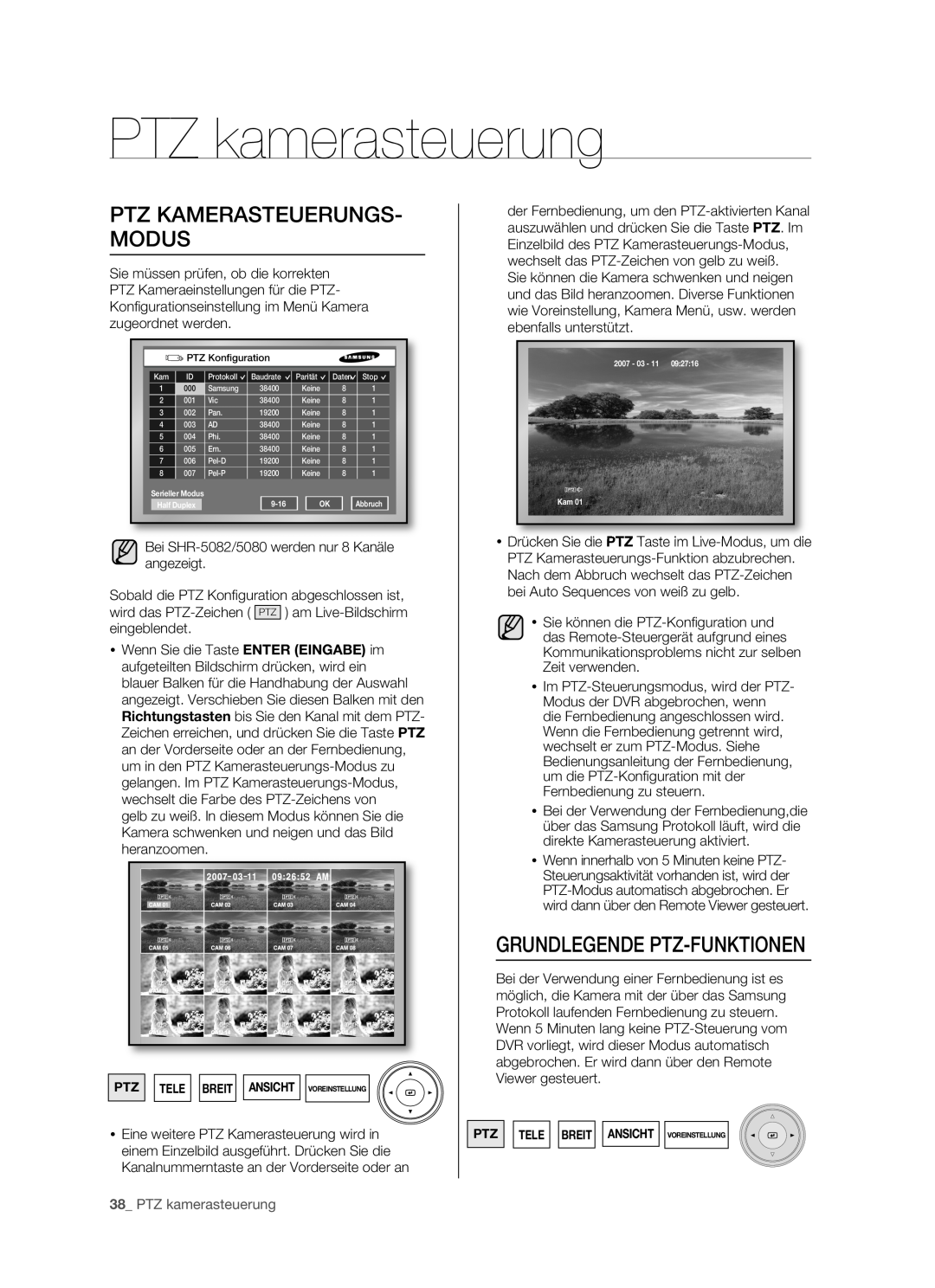 Samsung SHR-5082P/XEG, SHR-5160P manual PTZ kamerasteuerung, Ptz Kamerasteuerungs- Modus, Grundlegende Ptz-Funktionen,  D 
