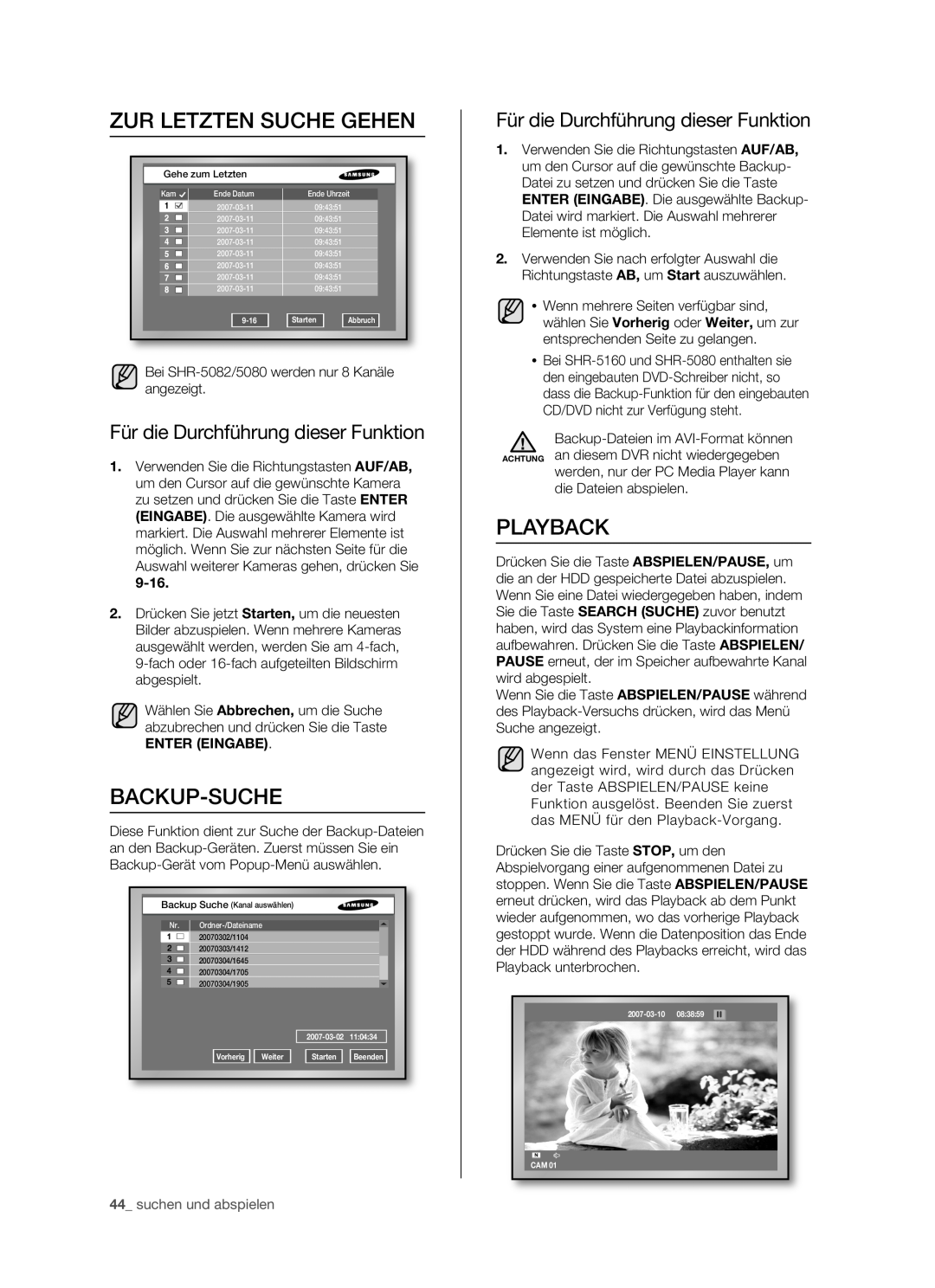 Samsung SHR-5082P/XEG manual Zur Letzten Suche Gehen, Backup-Suche, Playback, Für die Durchführung dieser Funktion, 9-16 