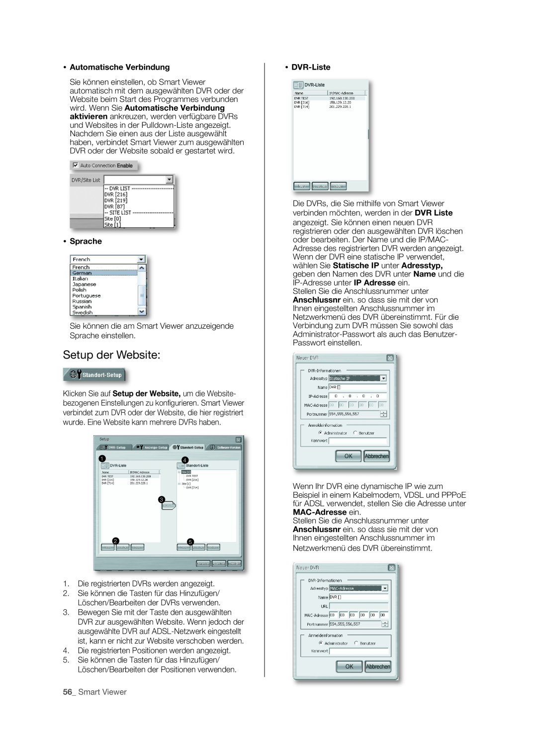 Samsung SHR-5082P/XEG, SHR-5160P manual Setup der Website,  Automatische Verbindung,  Sprache, Smart Viewer,  DVR-Liste 
