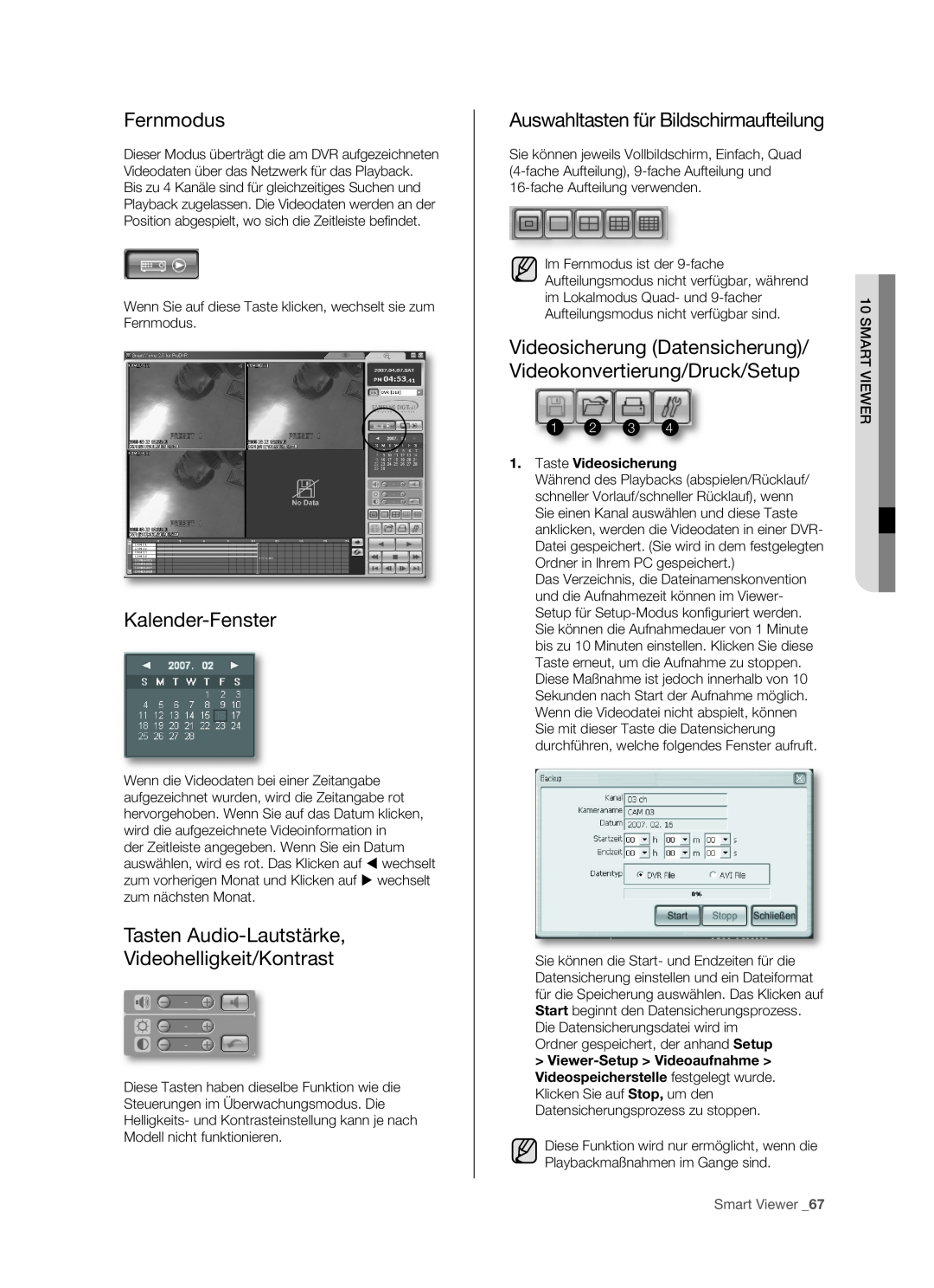 Samsung SHR-5082P manual Fernmodus, Kalender-Fenster, Tasten Audio-Lautstärke Videohelligkeit/Kontrast, 1 2 3, Smart Viewer 