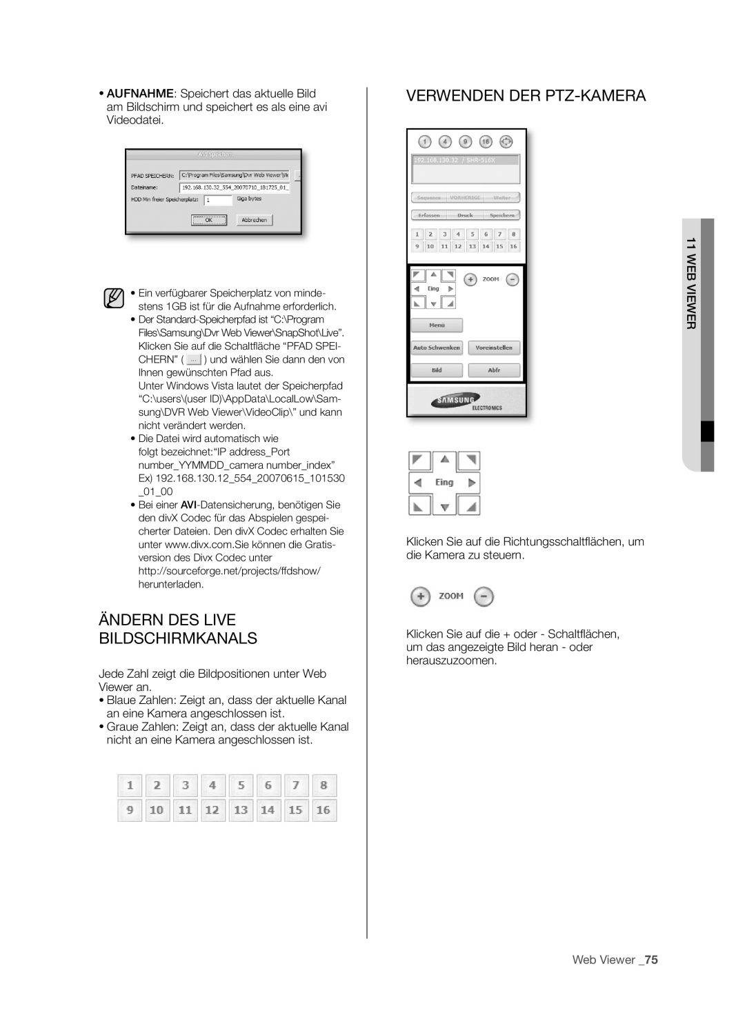 Samsung SHR-5160P, SHR-5082P/XEG, SHR-5162P/XEG manual Ändern Des Live Bildschirmkanals, Verwenden Der Ptz-Kamera, Web Viewer 