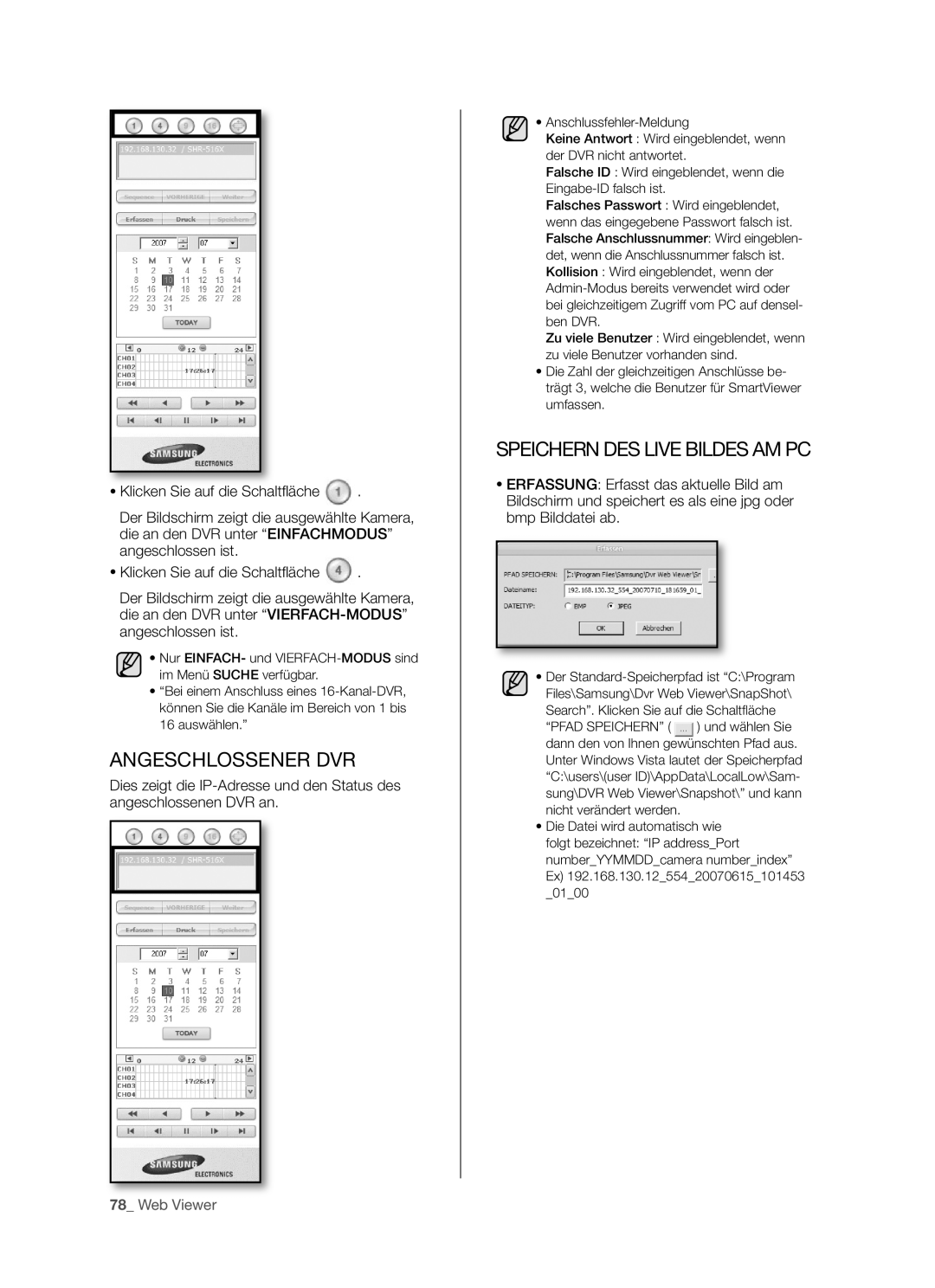 Samsung SHR-5082P/XEG, SHR-5160P, SHR-5162P/XEG manual Angeschlossener Dvr, Speichern Des Live Bildes Am Pc, Web Viewer 