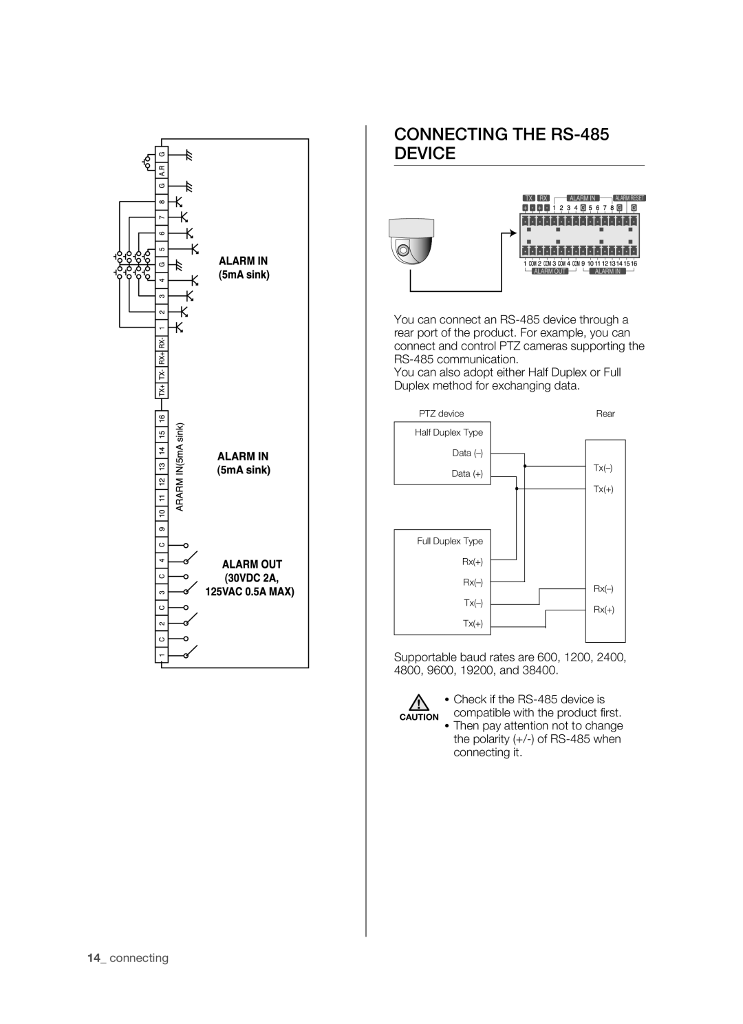 Samsung SHR-5162P/CZC, SHR-5082P/XEG, SHR-5162P/XEG, SHR-5162P/XET, SHR-5082P/XET, SHR-5082P/XEC Connecting the RS-485 Device 