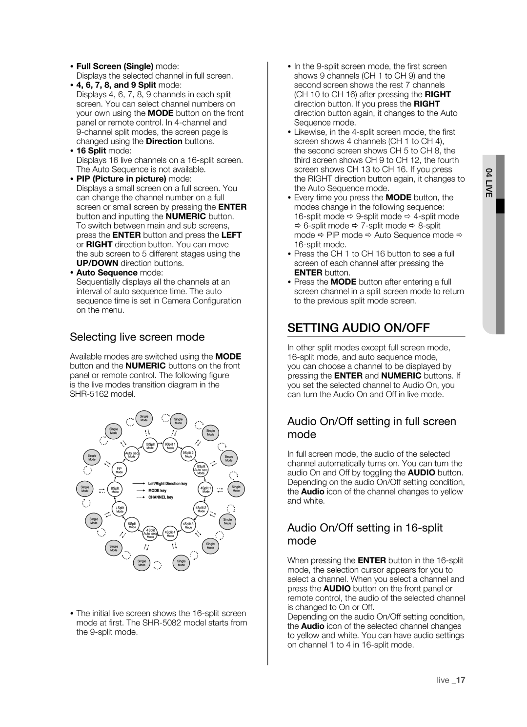 Samsung SHR-5162P/XEG manual Setting Audio ON/OFF, Selecting live screen mode, Audio On/Off setting in full screen mode 