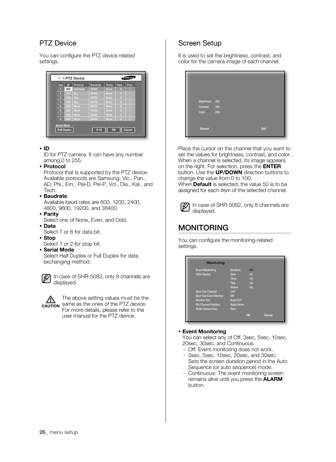 Samsung SHR-5082P/XEG, SHR-5162P/XEG, SHR-5162P/XET, SHR-5082P/XET, SHR-5082P/XEC manual Monitoring, PTZ Device, Screen Setup 