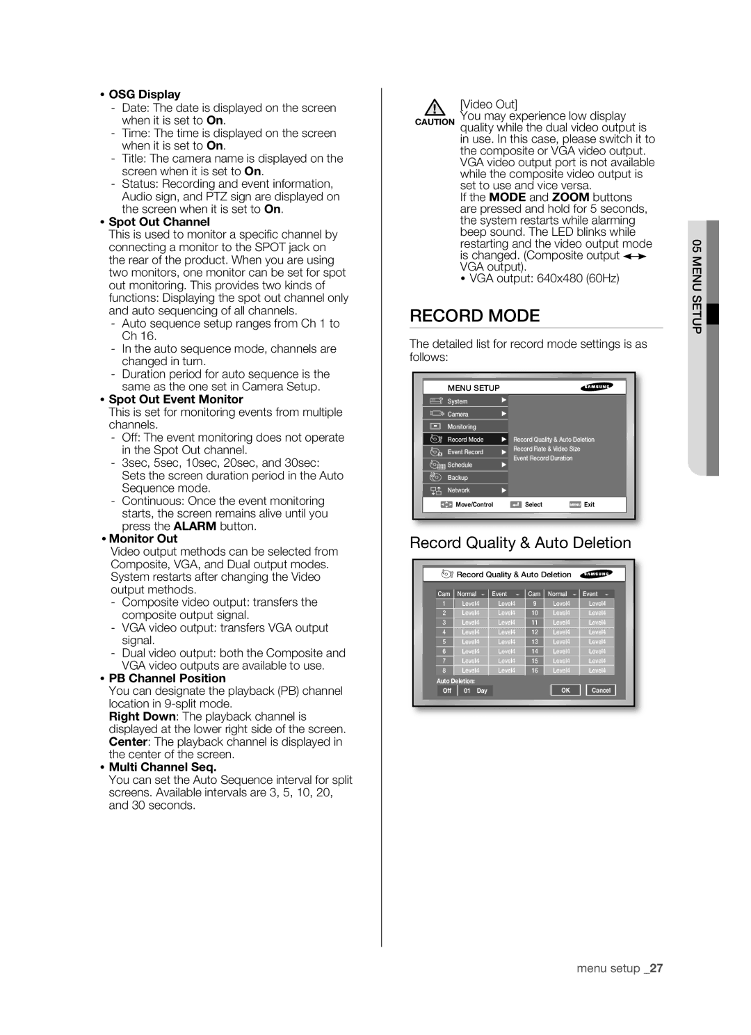 Samsung SHR-5162P/XEG, SHR-5082P/XEG, SHR-5162P/XET, SHR-5082P/XET, SHR-5082P/XEC Record Mode, Record Quality & Auto Deletion 