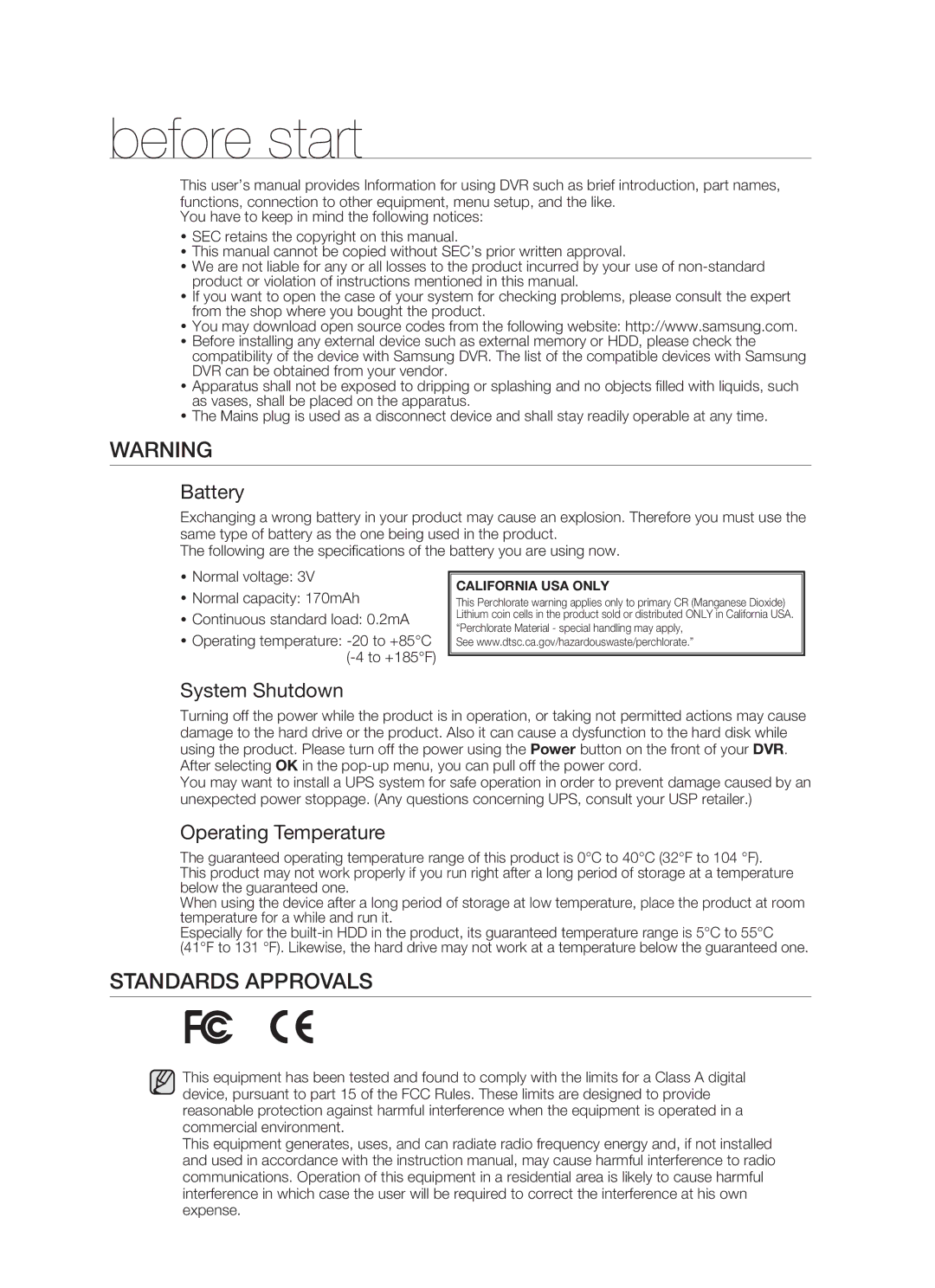 Samsung SHR-5162P/XET, SHR-5082P/XEG Before start, Standards Approvals, Battery, System Shutdown, Operating Temperature 