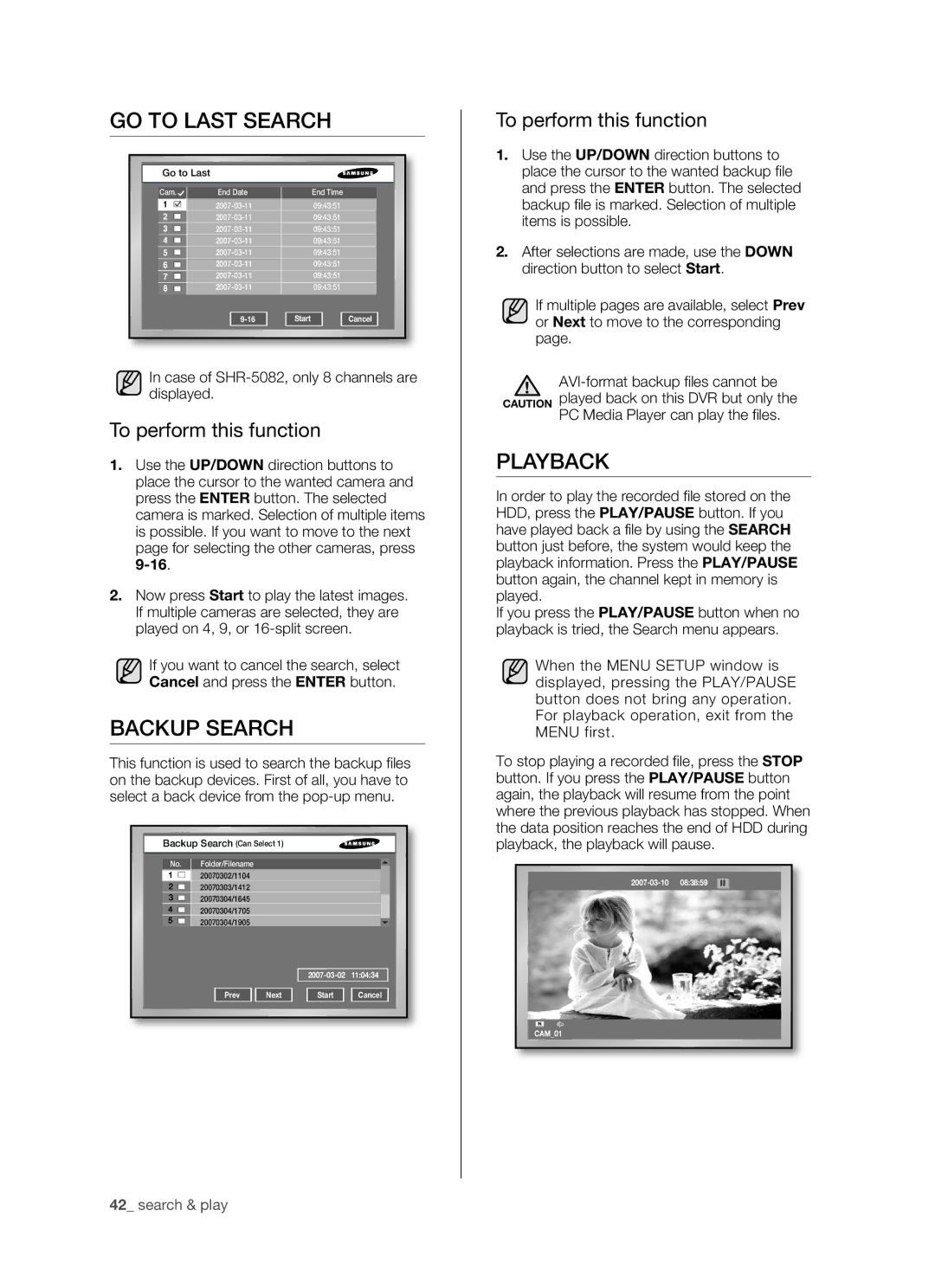 Samsung SHR-5082P/XEC, SHR-5082P/XEG, SHR-5162P/XEG, SHR-5162P/XET GO to Last Search, Backup Search, Playback, Go to Last 