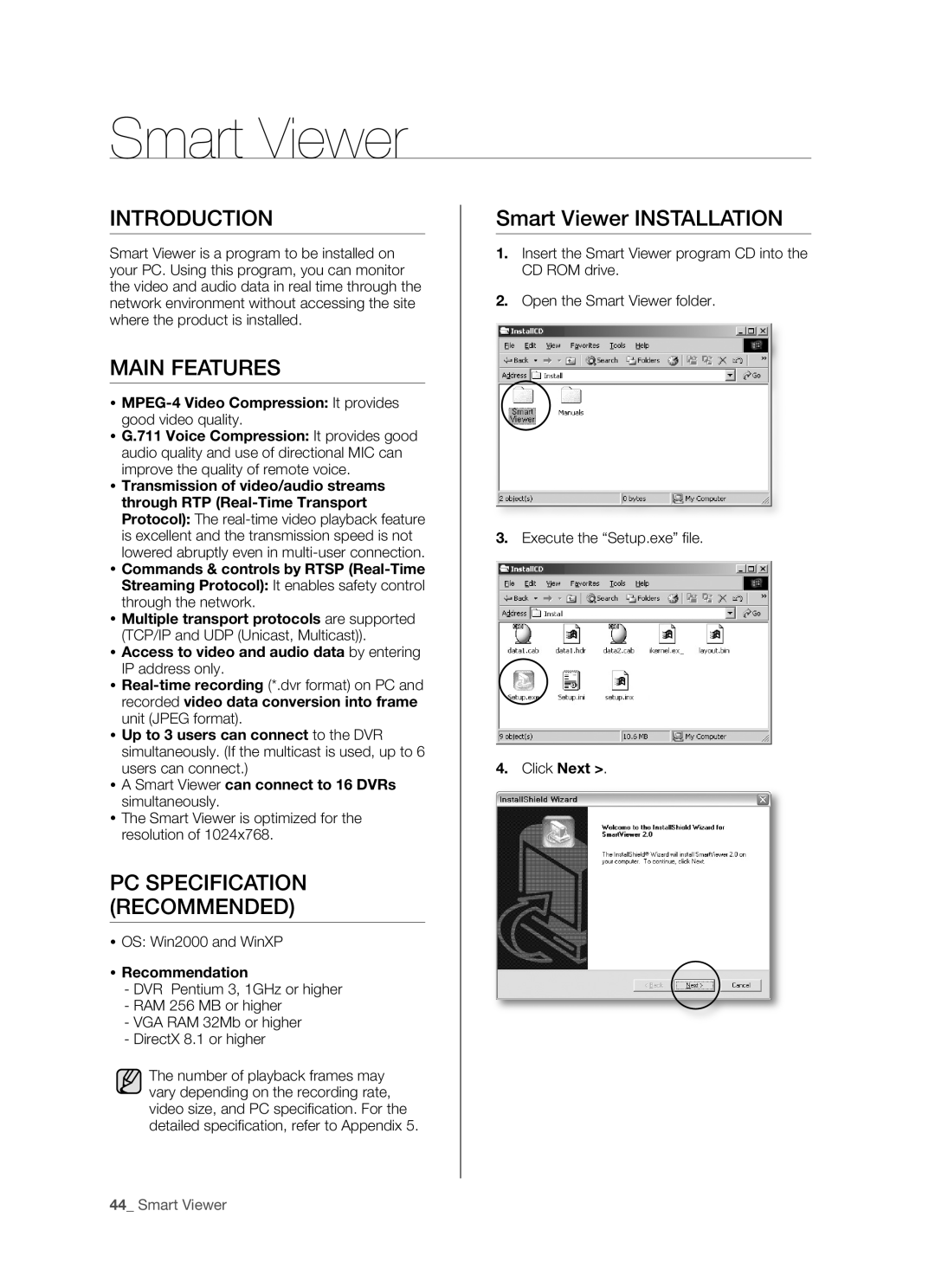 Samsung SHR-5162P/CZC, SHR-5082P Smart Viewer, Introduction, Main Features, PC Specification Recommended,  Recommendation 