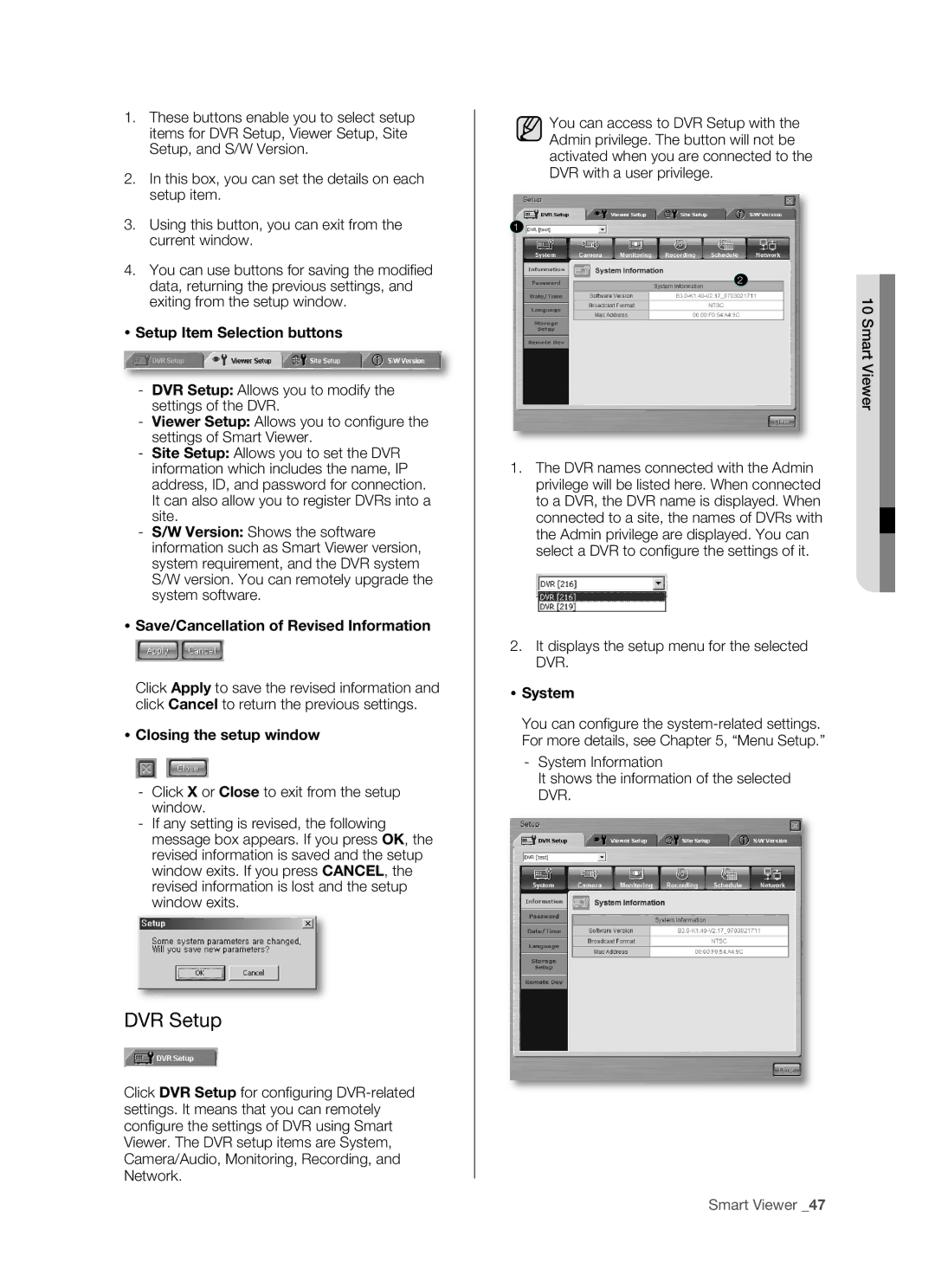 Samsung SHR-5162P/XEG DVR Setup,  Setup Item Selection buttons,  Save/Cancellation of Revised Information,  System 