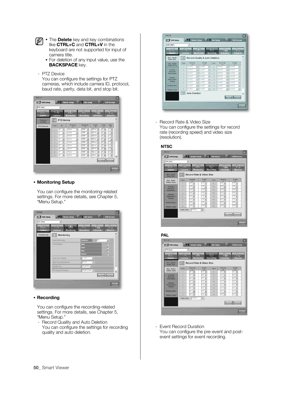 Samsung SHR-5162P/XET, SHR-5082P/XEG, SHR-5162P/XEG, SHR-5082P/XET, SHR-5082P/XEC manual  Monitoring Setup,  Recording 