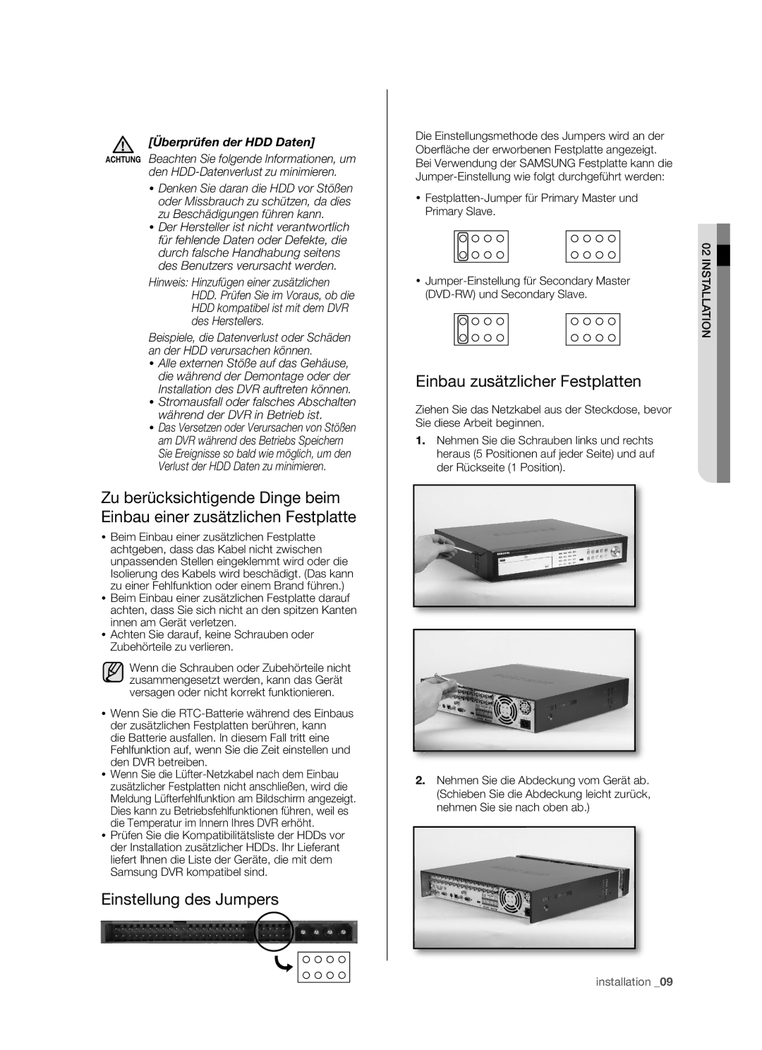 Samsung SHR-5162P/XEG, SHR-5082P/XEG manual Einstellung des Jumpers, Einbau zusätzlicher Festplatten 