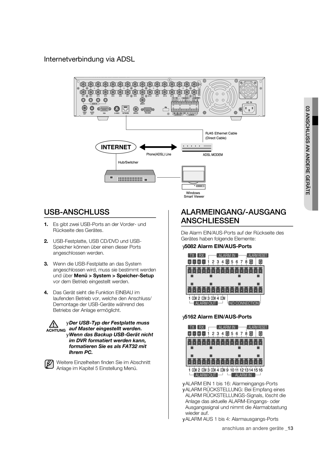 Samsung SHR-5162P/XEG, SHR-5082P/XEG manual Usb-Anschluss, ALARMEINGANG/-AUSGANG Anschliessen, Internetverbindung via Adsl 