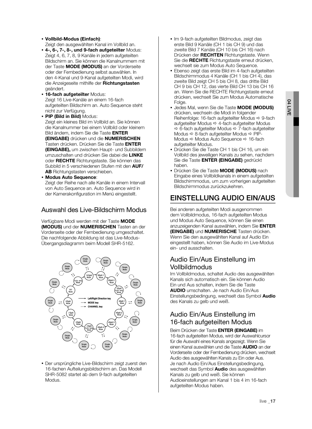 Samsung SHR-5162P/XEG, SHR-5082P/XEG manual Einstellung Audio EIN/AUS, Auswahl des Live-Bildschirm Modus 