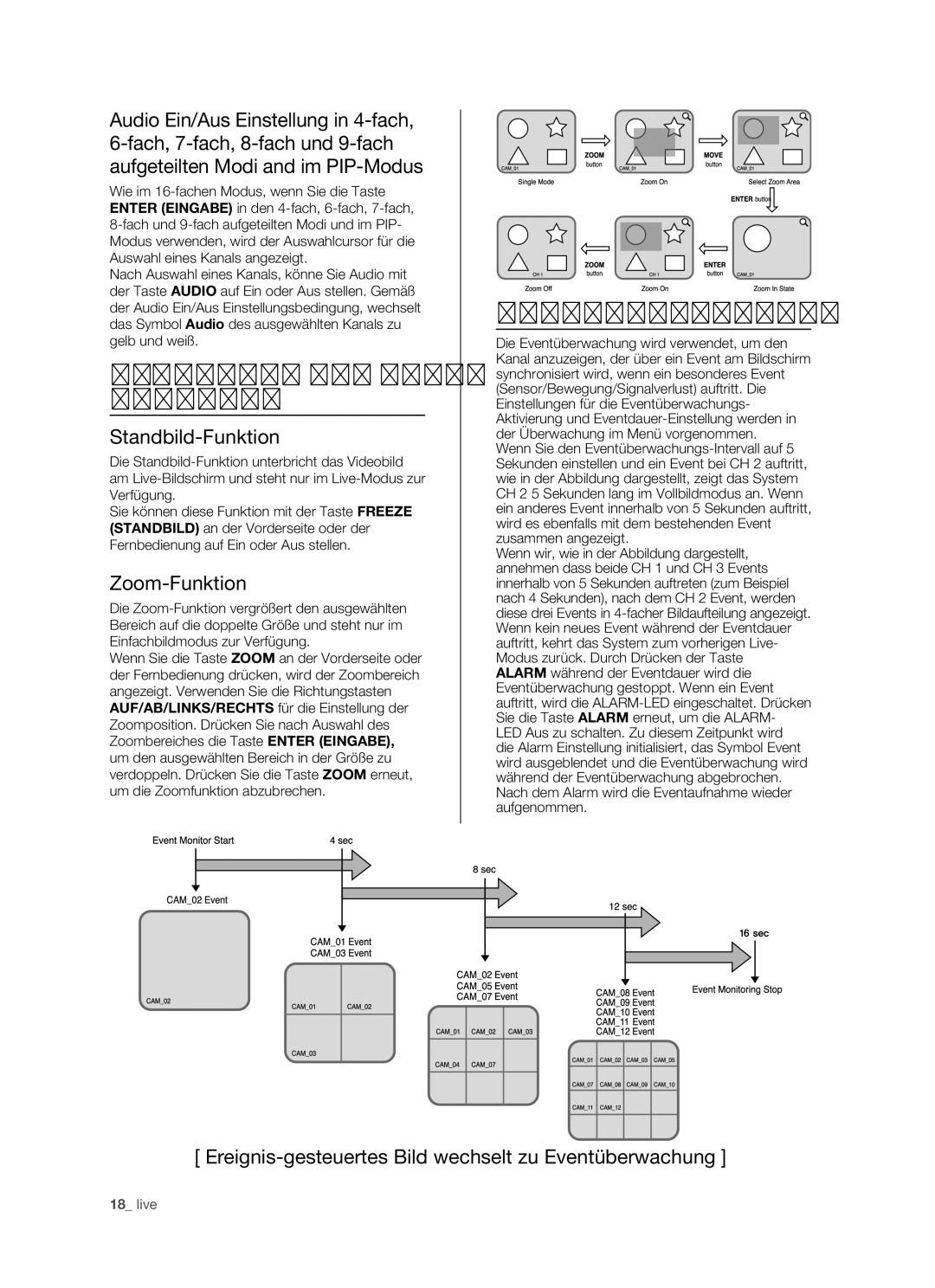 Samsung SHR-5162P, SHR-5082P/XEG manual Standbild UND ZOOM- Funktion, Eventüberwachung, Standbild-Funktion, Zoom-Funktion 