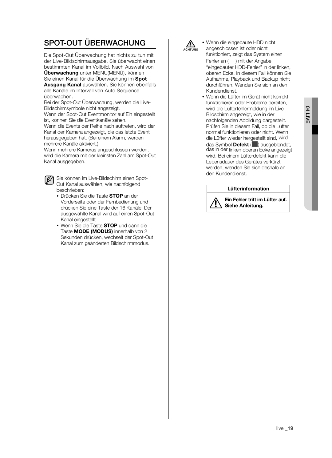 Samsung SHR-5082P/XEG, SHR-5162P/XEG manual SPOT-OUT Überwachung 