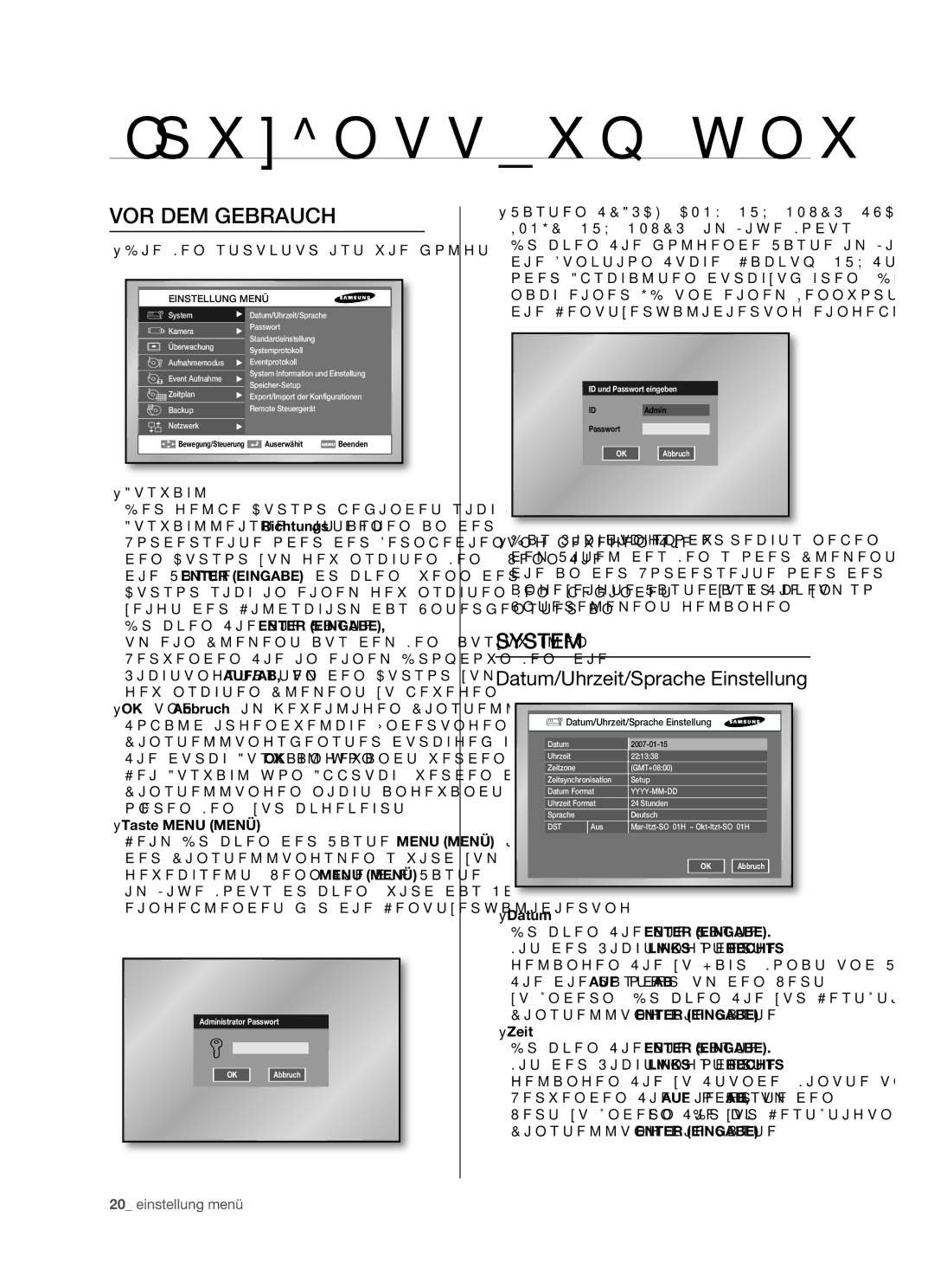 Samsung SHR-5082P/XEG, SHR-5162P/XEG manual Einstellung menü, VOR DEM Gebrauch, System, Datum/Uhrzeit/Sprache Einstellung 