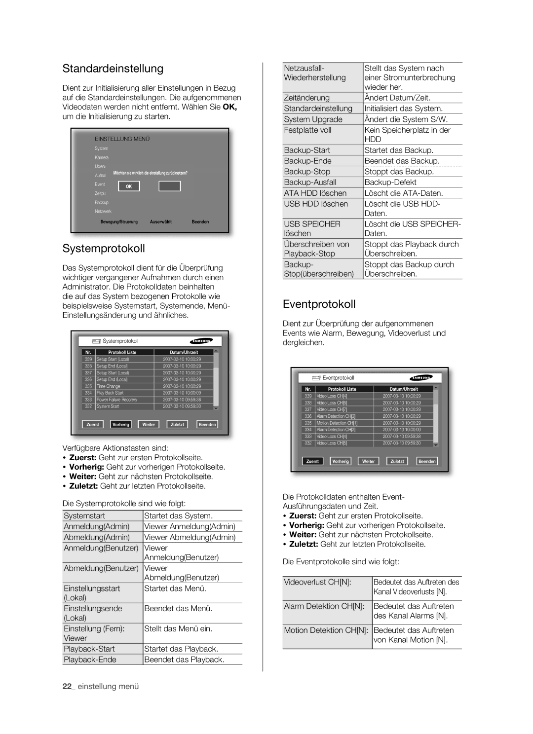 Samsung SHR-5082P/XEG, SHR-5162P/XEG manual Standardeinstellung, Systemprotokoll, Eventprotokoll 