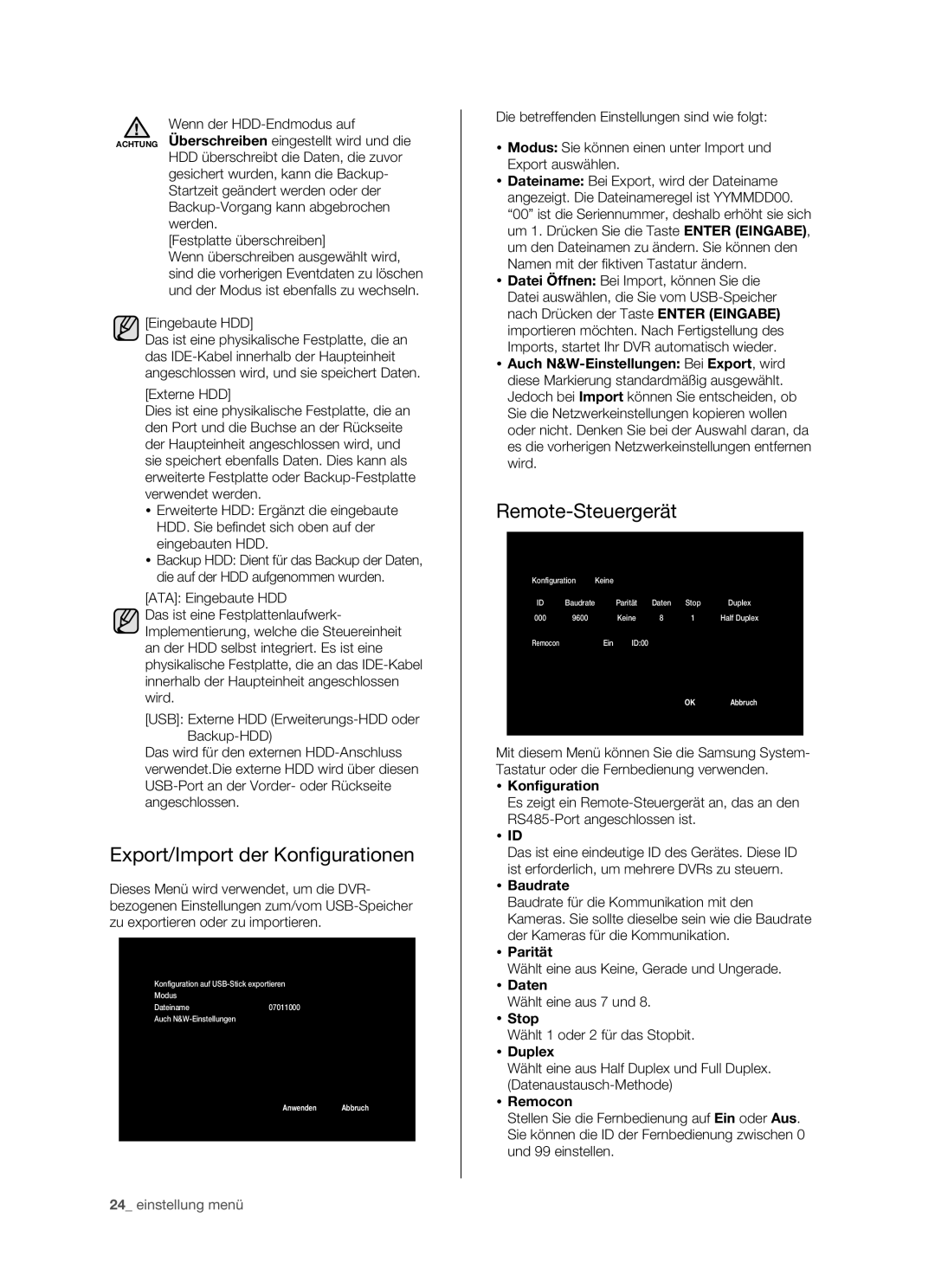 Samsung SHR-5082P/XEG, SHR-5162P/XEG manual Export/Import der Konfigurationen 