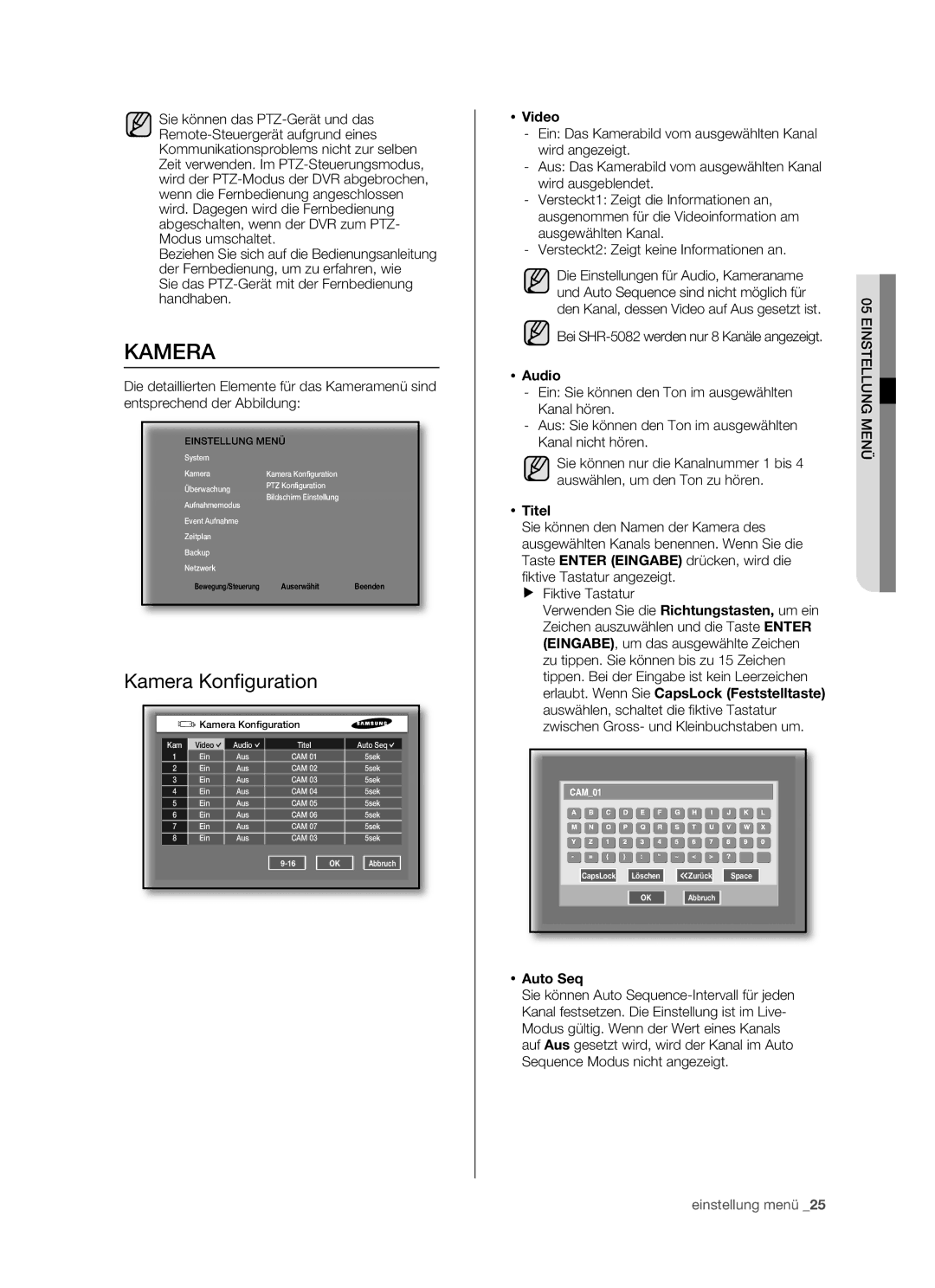 Samsung SHR-5162P/XEG, SHR-5082P/XEG manual Kamera Konfiguration 