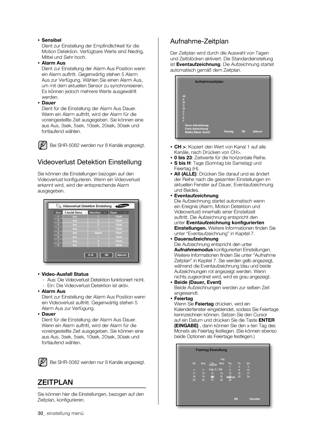 Samsung SHR-5082P/XEG, SHR-5162P/XEG manual Videoverlust Detektion Einstellung, Aufnahme-Zeitplan 