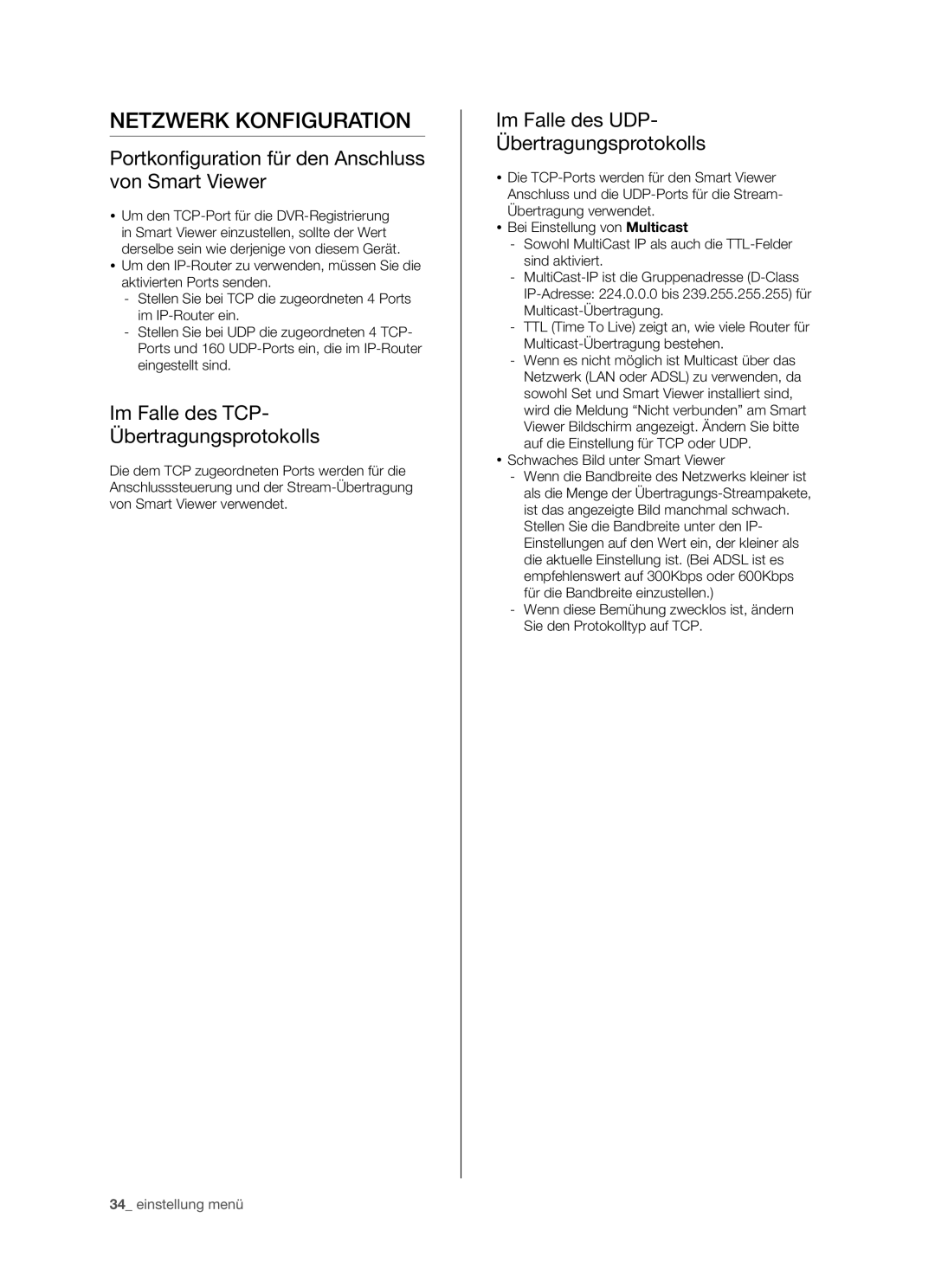 Samsung SHR-5162P, SHR-5082P/XEG manual Netzwerk Konfiguration, Portkonfiguration für den Anschluss von Smart Viewer 