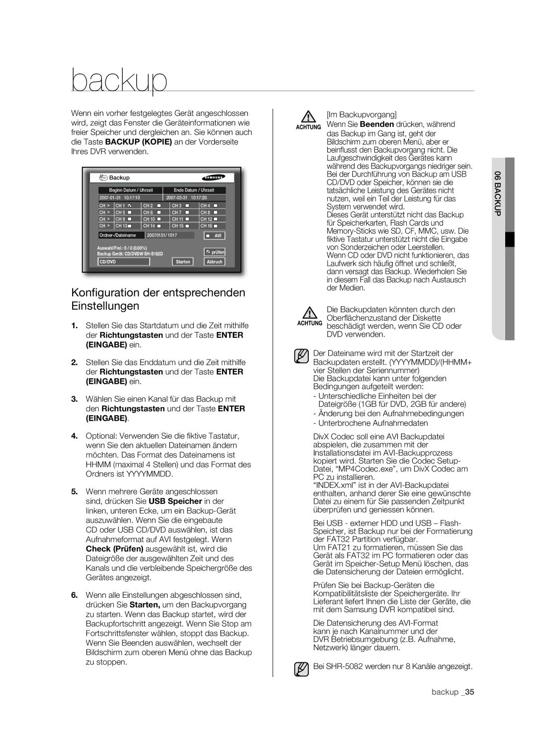 Samsung SHR-5082P/XEG, SHR-5162P/XEG manual Backup, Konfiguration der entsprechenden Einstellungen 