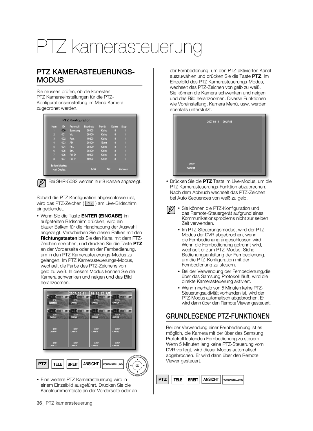 Samsung SHR-5082P/XEG, SHR-5162P/XEG manual PTZ kamerasteuerung, PTZ KAMERASTEUERUNGS- Modus, Grundlegende PTZ-FUNKTIONEN 