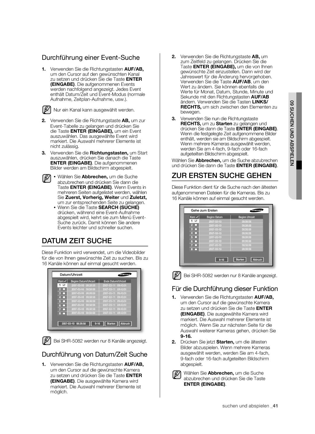 Samsung SHR-5162P/XEG, SHR-5082P/XEG manual Datum Zeit Suche, ZUR Ersten Suche Gehen, Durchführung einer Event-Suche 