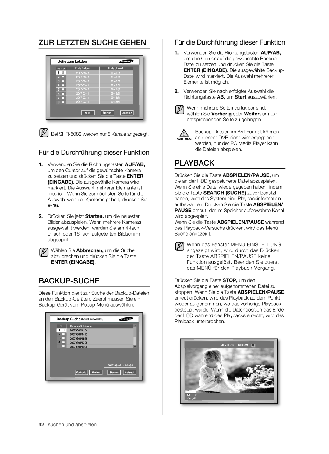 Samsung SHR-5082P/XEG, SHR-5162P/XEG manual ZUR Letzten Suche Gehen, Backup-Suche, Playback, Gehe zum Letzten 