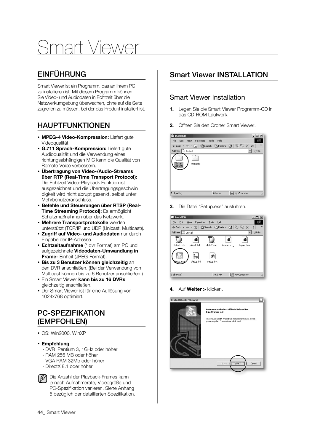 Samsung SHR-5082P/XEG, SHR-5162P Einführung, Hauptfunktionen, PC-SPEZIFIKATION Empfohlen, Smart Viewer Installation 