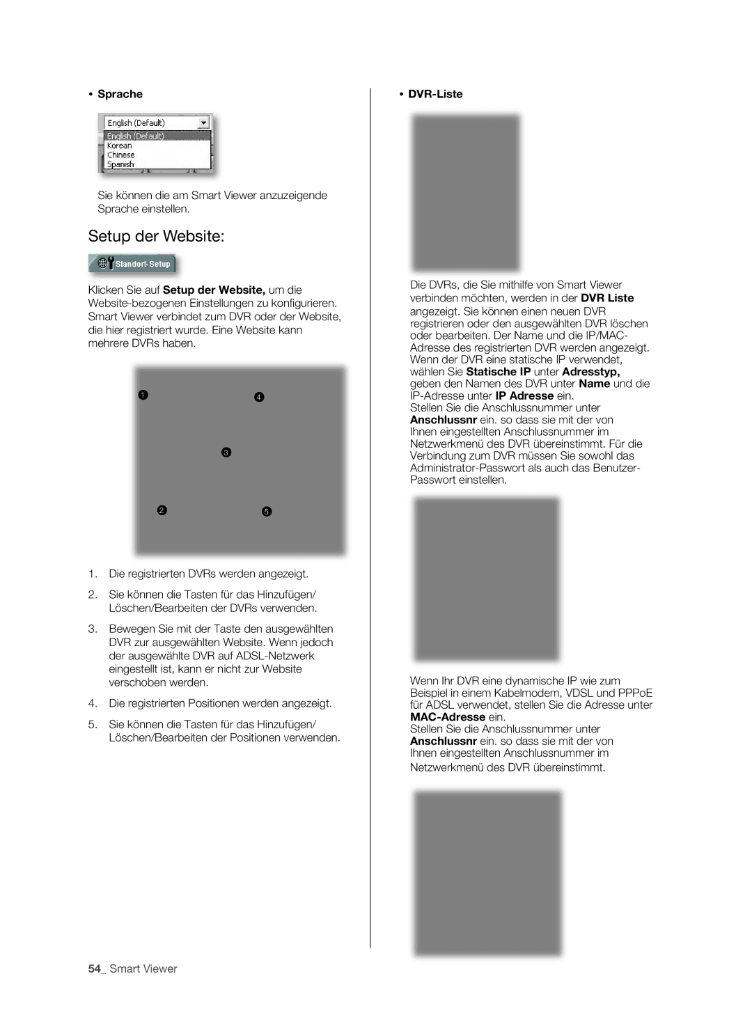 Samsung SHR-5082P/XEG, SHR-5162P/XEG manual Setup der Website,  DVR-Liste 