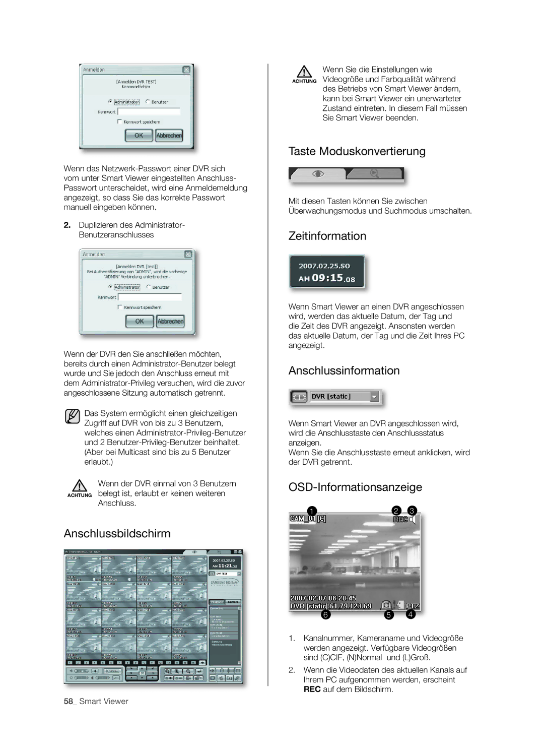 Samsung SHR-5162P, SHR-5082P/XEG manual Anschlussbildschirm, Taste Moduskonvertierung, Zeitinformation, Anschlussinformation 