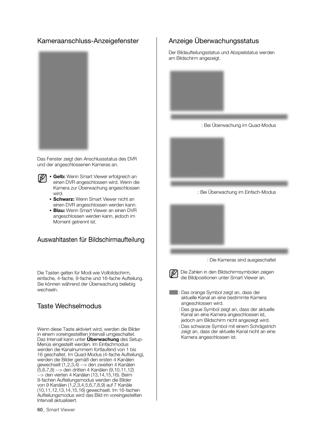 Samsung SHR-5082P/XEG manual Kameraanschluss-Anzeigefenster, Auswahltasten für Bildschirmaufteilung, Taste Wechselmodus 