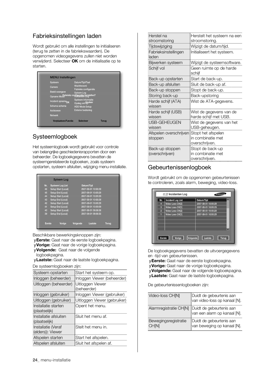 Samsung SHR-5160 manual Fabrieksinstellingen laden, Systeemlogboek, Gebeurtenissenlogboek 