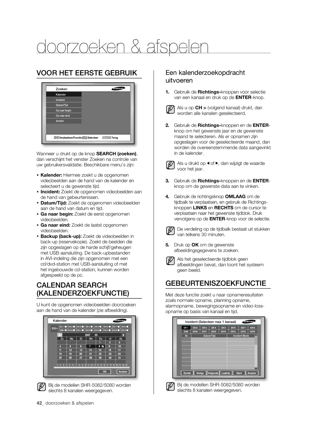 Samsung SHR-5160 manual Doorzoeken & afspelen, Calendar Search Kalenderzoekfunctie, Gebeurteniszoekfunctie 