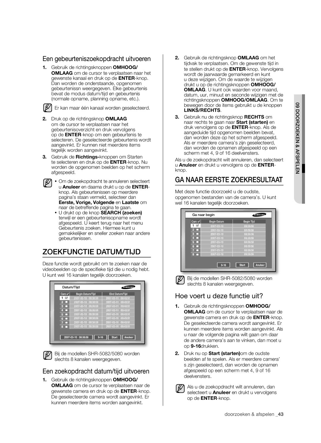 Samsung SHR-5160 manual Zoekfunctie DATUM/TIJD, GA Naar Eerste Zoekresultaat, Een gebeurteniszoekopdracht uitvoeren 