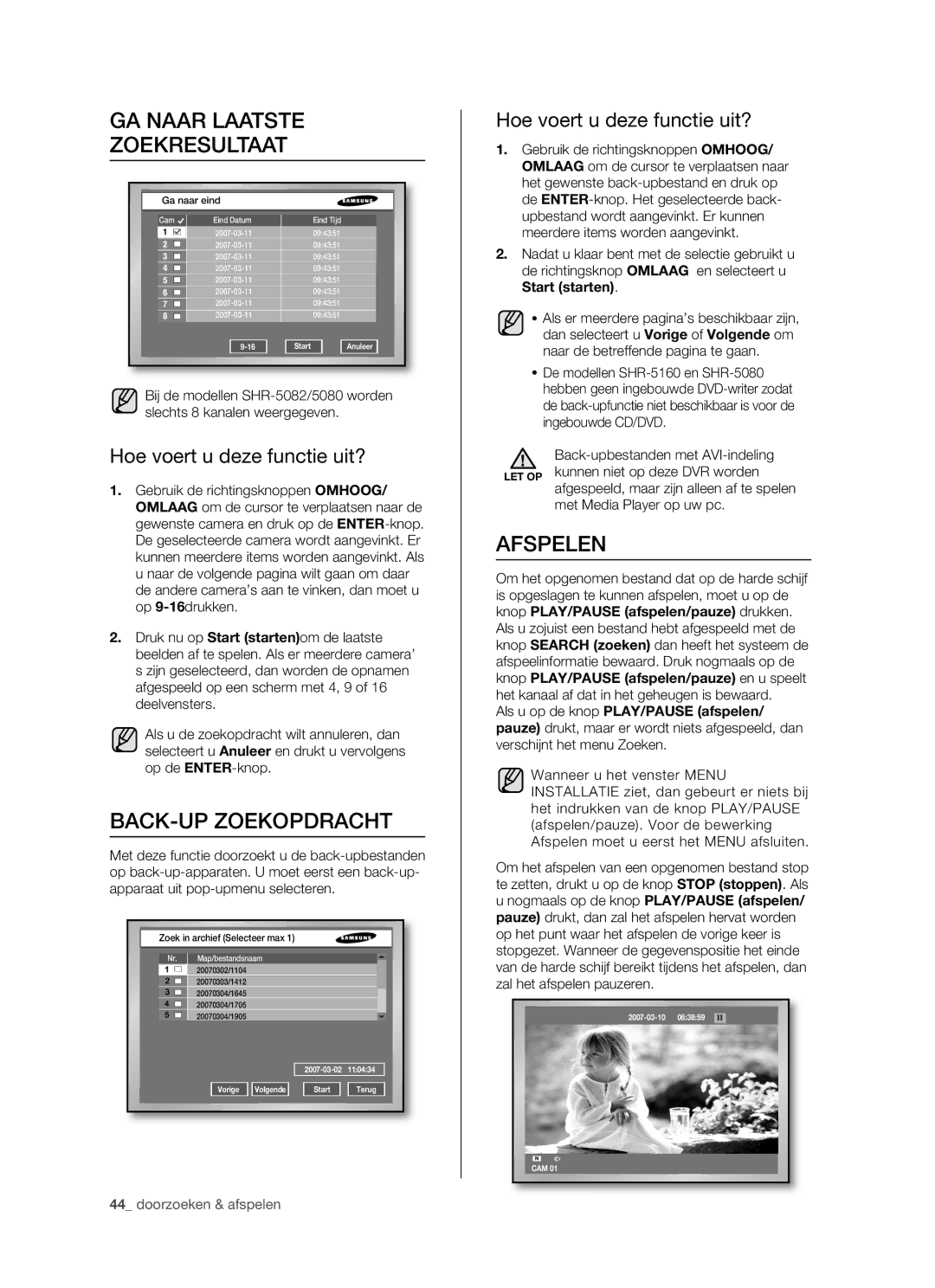 Samsung SHR-5160 manual GA Naar Laatste Zoekresultaat, BACK-UP Zoekopdracht, Afspelen, Ga naar eind 