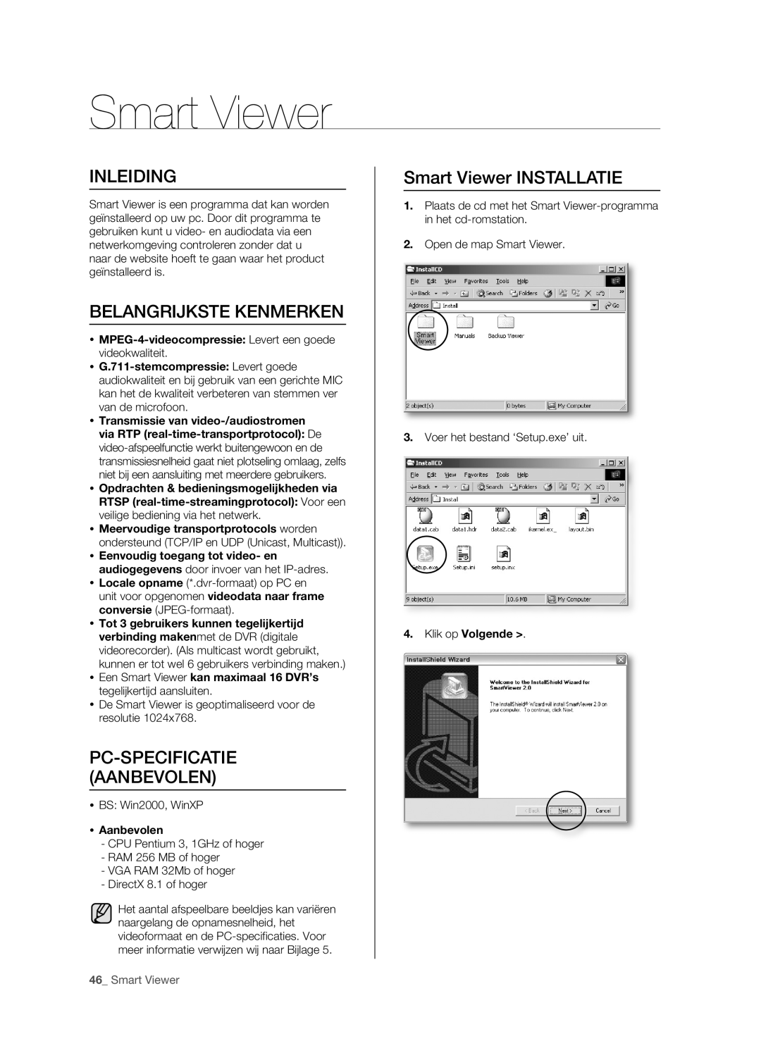 Samsung SHR-5160 manual Smart Viewer, Inleiding, Belangrijkste Kenmerken, PC-SPECIFICATIE Aanbevolen 