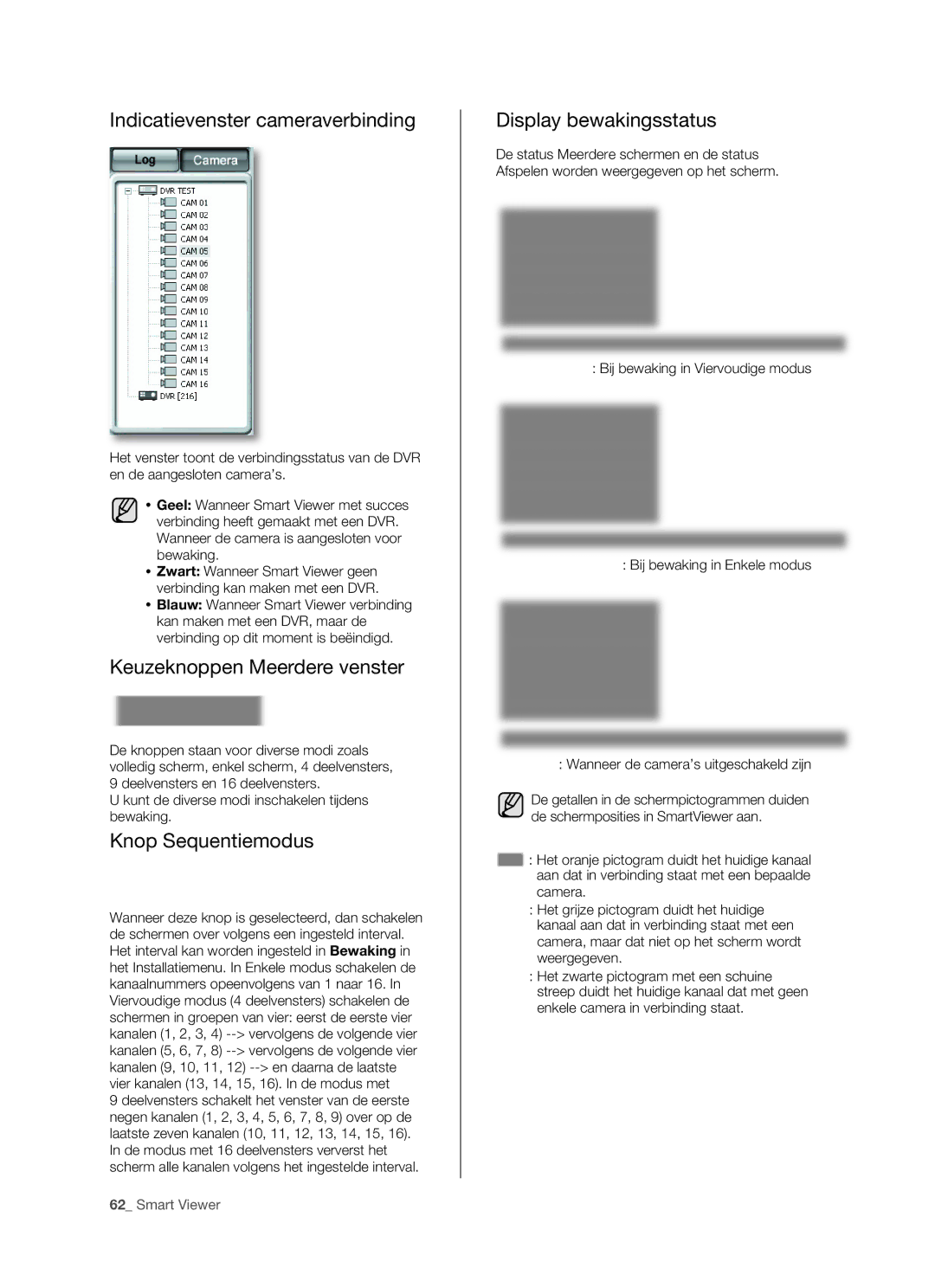 Samsung SHR-5160 manual Indicatievenster cameraverbinding, Keuzeknoppen Meerdere venster, Knop Sequentiemodus 