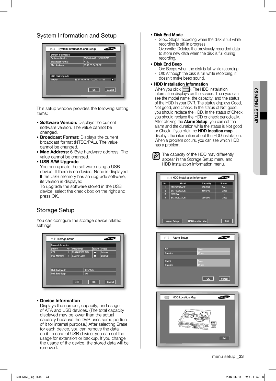 Samsung SHR-5082, SHR-5162 user manual System Information and Setup, Storage Setup 