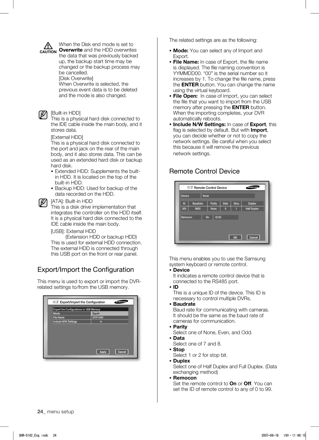 Samsung SHR-5162, SHR-5082 user manual Export/Import the Configuration, Remote Control Device 